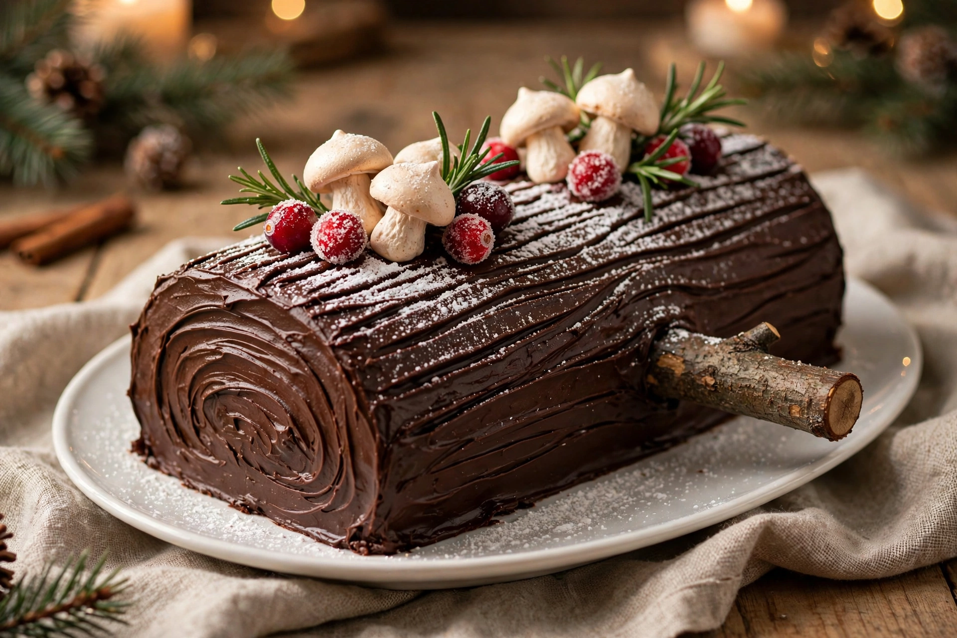 Chocolate yule log cake decorated with chocolate ganache bark, meringue mushrooms, sugared cranberries and powdered sugar snow