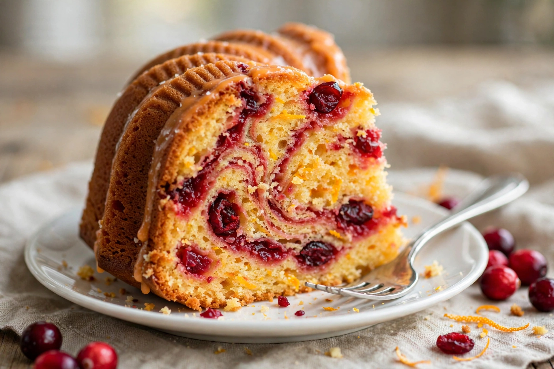 Slice of cranberry orange bundt cake showing the tart cranberry swirl through buttery orange crumb