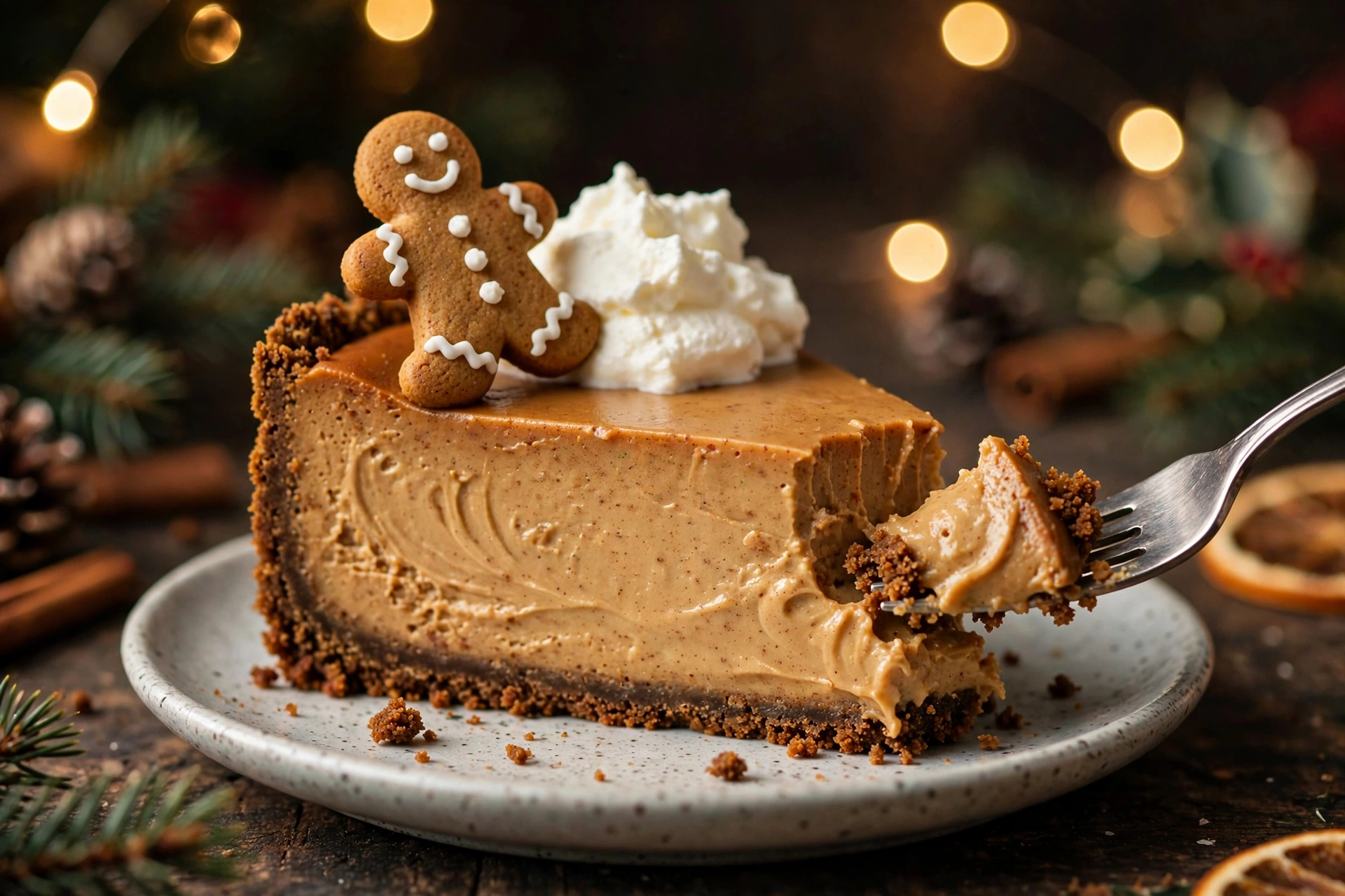 Close-up of a slice of gingerbread cheesecake on a dessert plate, dense silky spiced filling with a crisp gingersnap crust, a fork taking a bite and a mini gingerbread cookie leaning on the slice