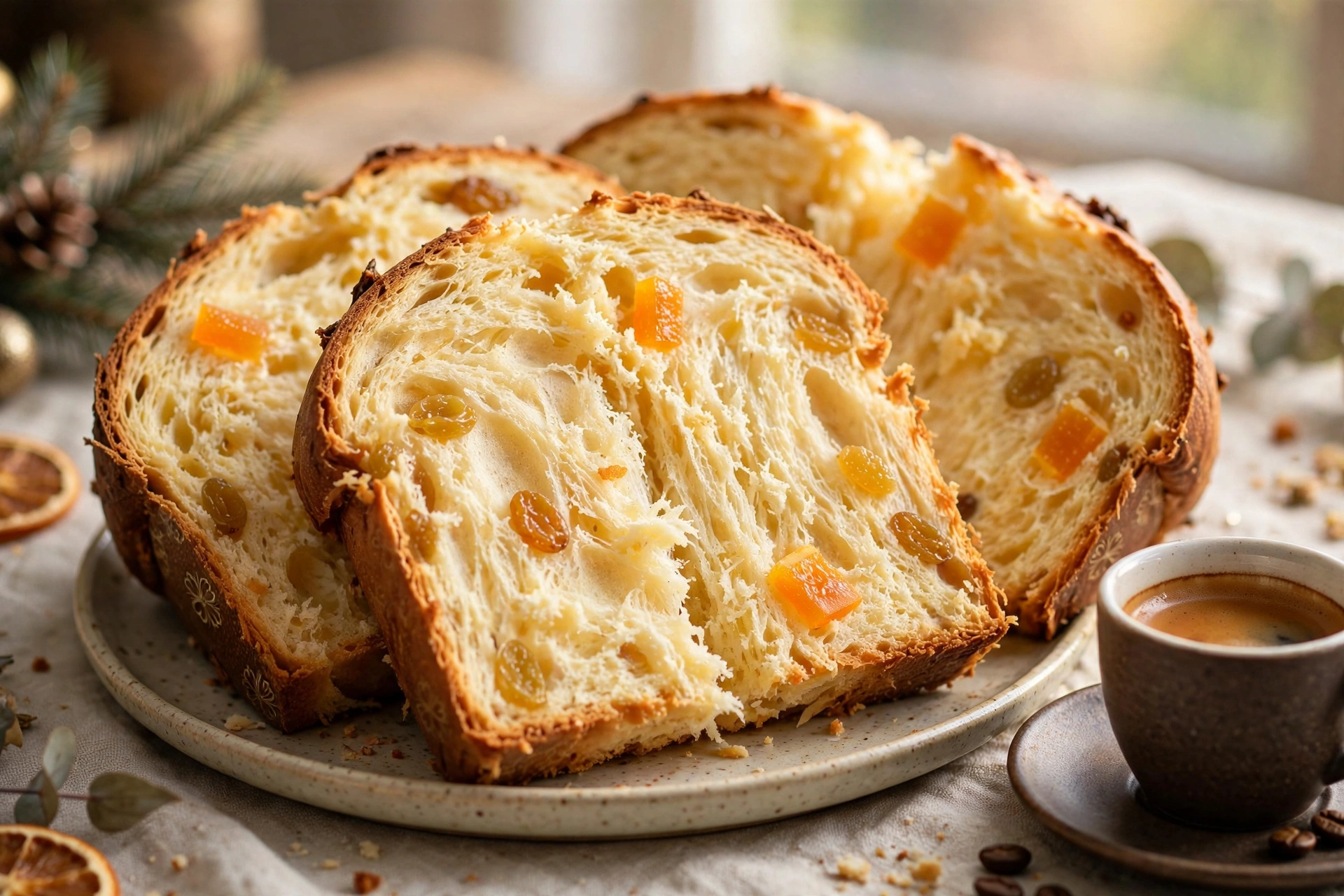 Close-up of thick slices of homemade panettone fanned on a dessert plate, pale yellow feathery crumb with golden raisins and candied orange peel, a cup of espresso beside them