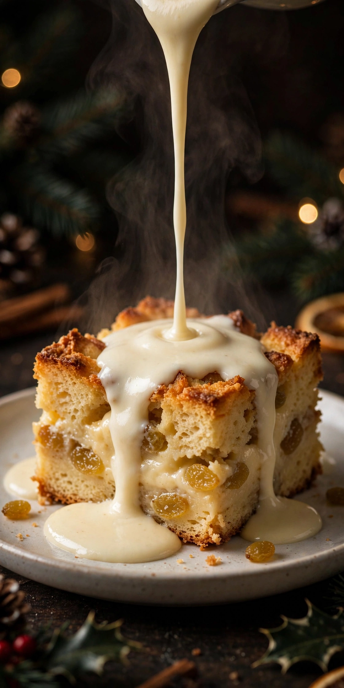 Close-up of a warm square of eggnog bread pudding on a dessert plate with vanilla eggnog sauce being poured over the crisp top, custardy brioche crumb and golden raisins visible