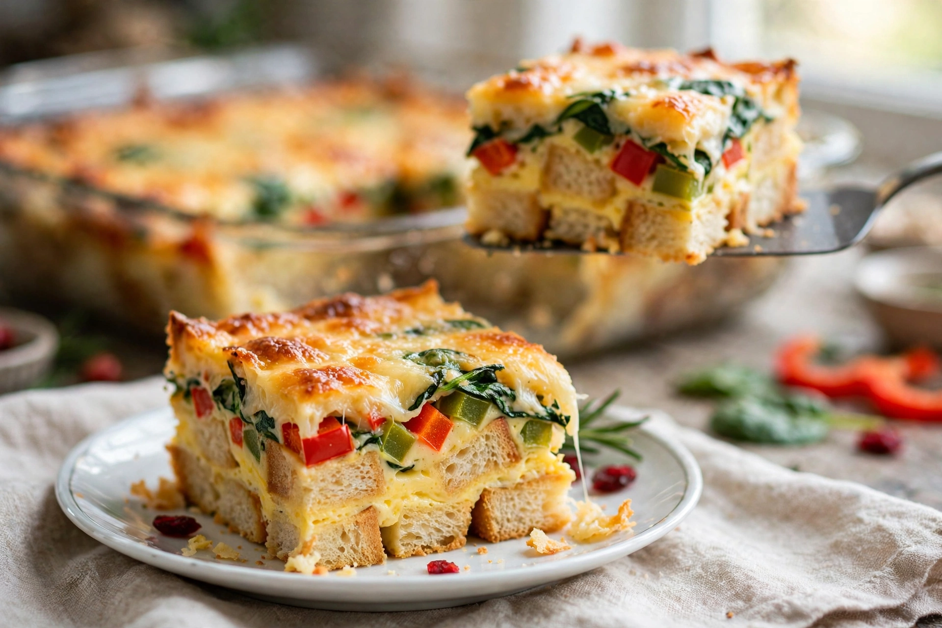 Close-up of a square of Christmas breakfast strata on a white plate showing layers of bread cubes, egg custard, red and green peppers, spinach and melted cheese, with a second square lifted on a spatula behind it