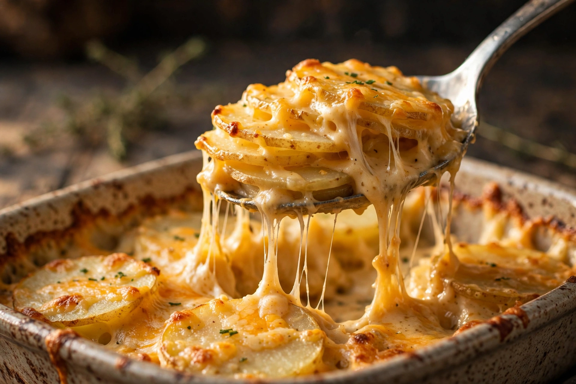 Close-up of a serving of scalloped potatoes lifted with a spoon, showing tender potato layers coated in creamy cheddar sauce with a golden cheese top