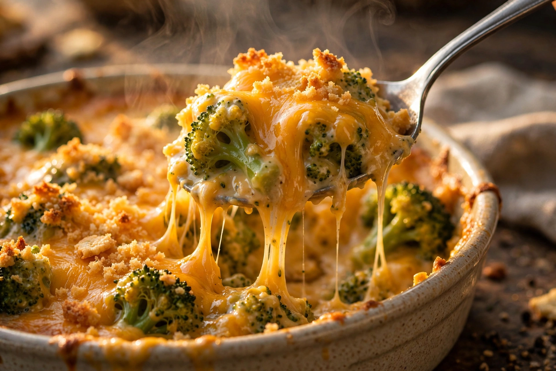 Close-up of a spoon lifting a serving of cheesy broccoli casserole, showing tender broccoli florets coated in thick cheddar sauce with crisp cracker crumbs on top