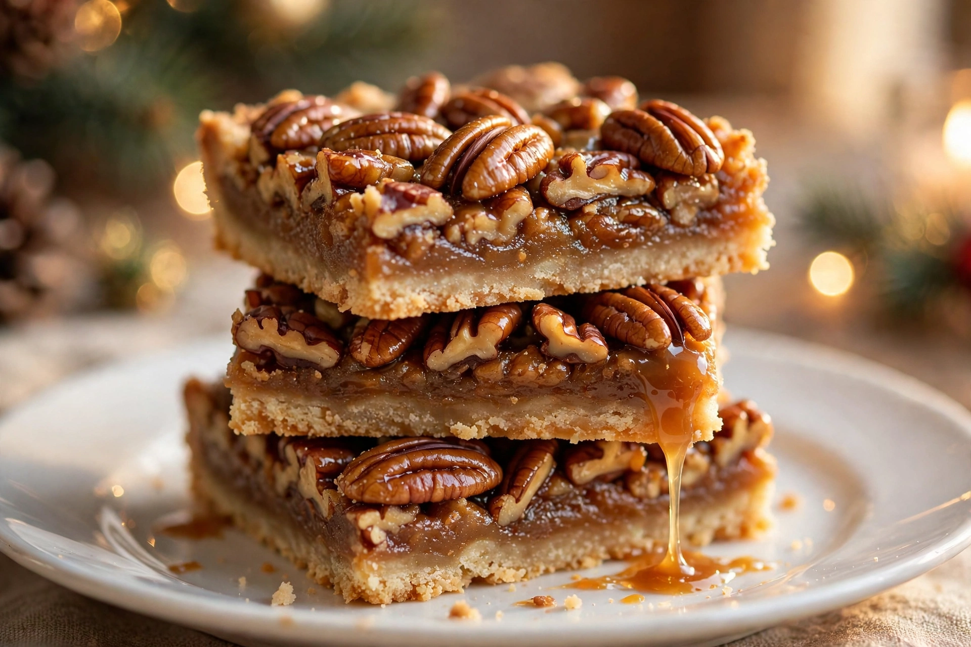 Close-up of homemade pecan pie bars showing the gooey caramel pecan filling over a golden shortbread base