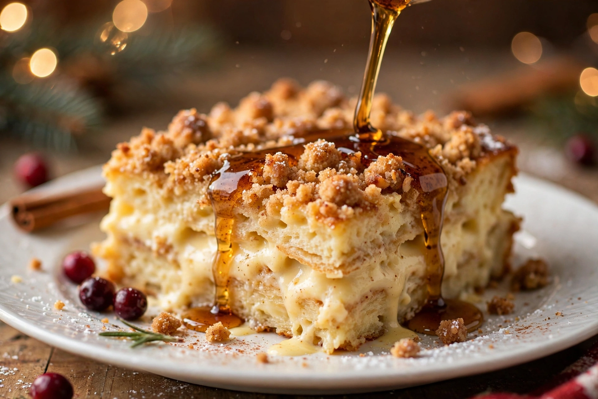 Slice of eggnog french toast casserole showing creamy custard-soaked brioche layers