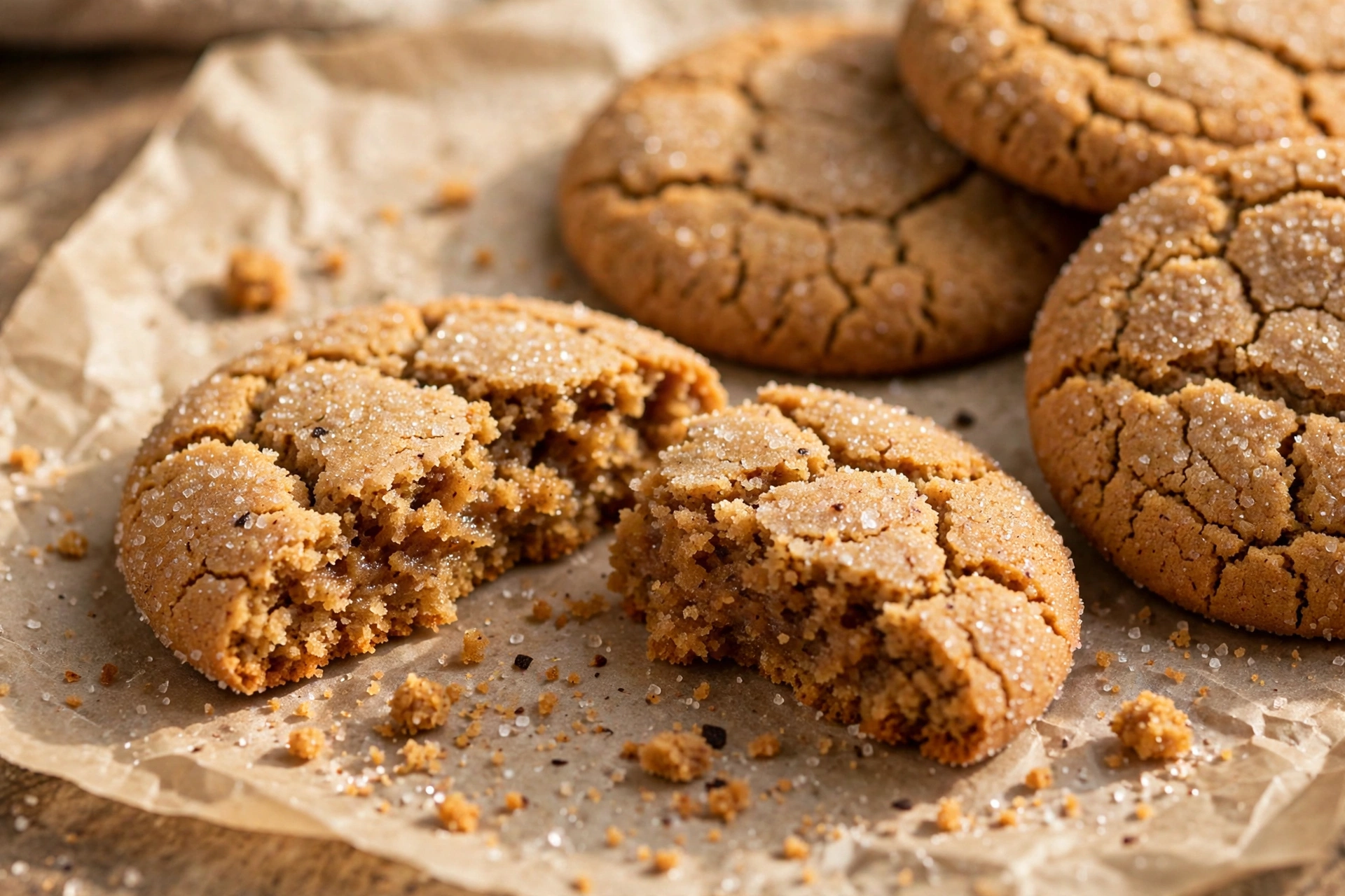Close-up of a chewy gingersnap cookie showing the crackled sugar crust and soft spiced center