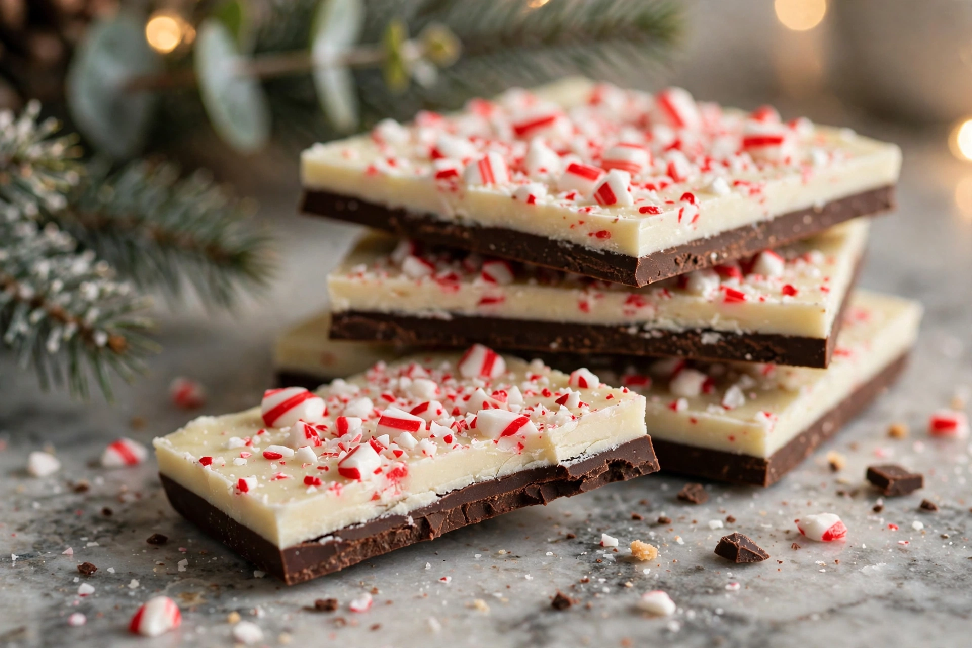 Stack of peppermint bark pieces showing the clean layered cross-section of white and dark chocolate with candy cane topping