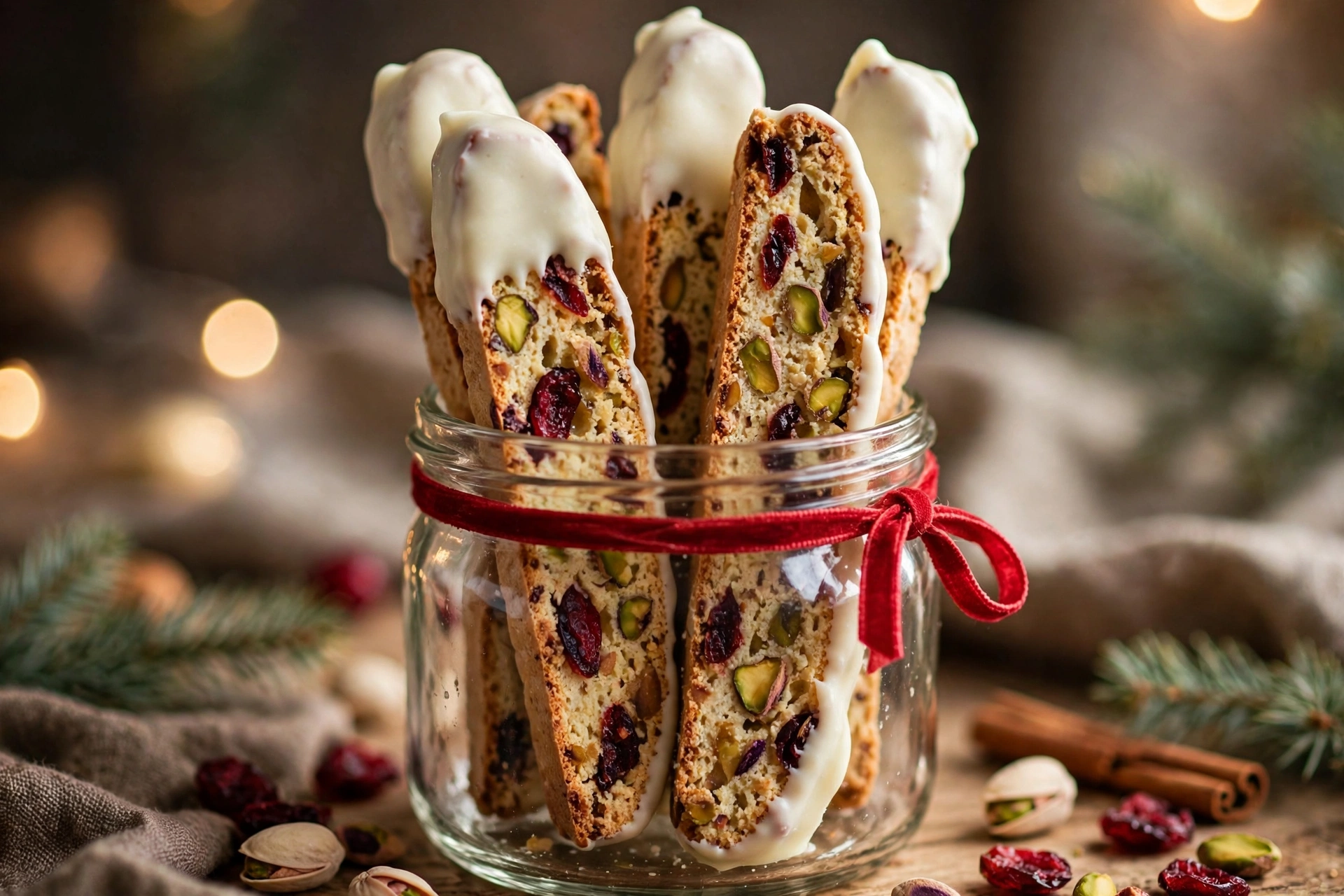White chocolate dipped cranberry pistachio biscotti standing in a glass jar tied with red ribbon for Christmas gifting