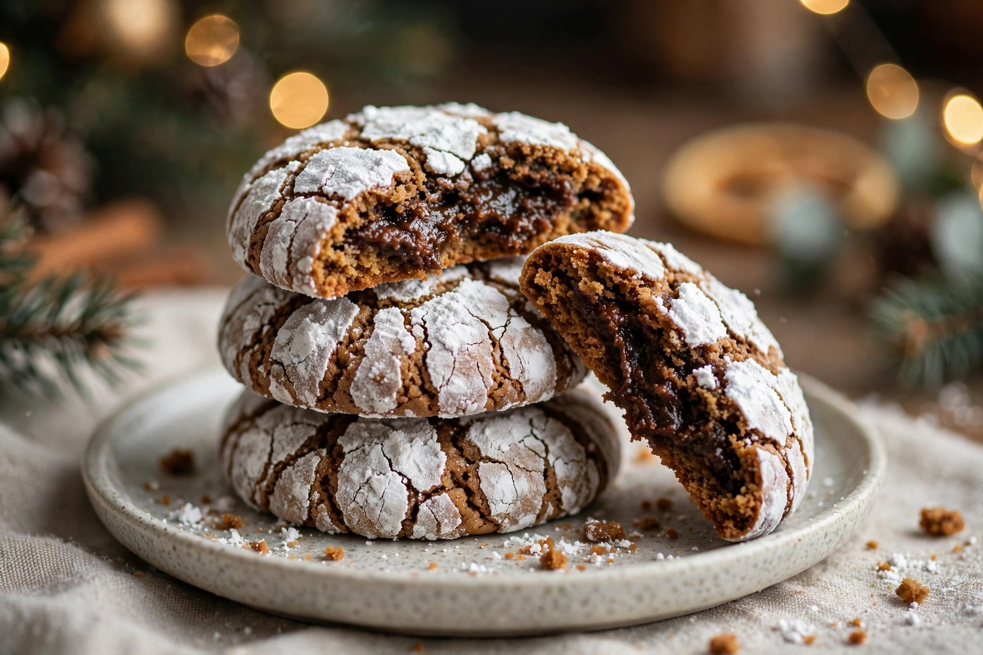 Stack of gingerbread crinkle cookies with one broken cookie showing the soft dark molasses center and crackled powdered sugar tops
