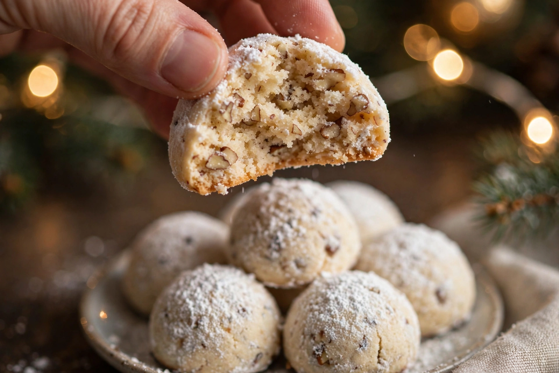 Hand holding a snowball cookie broken in half showing the pale tender crumb with ground pecans, above a plate of whole snowball cookies