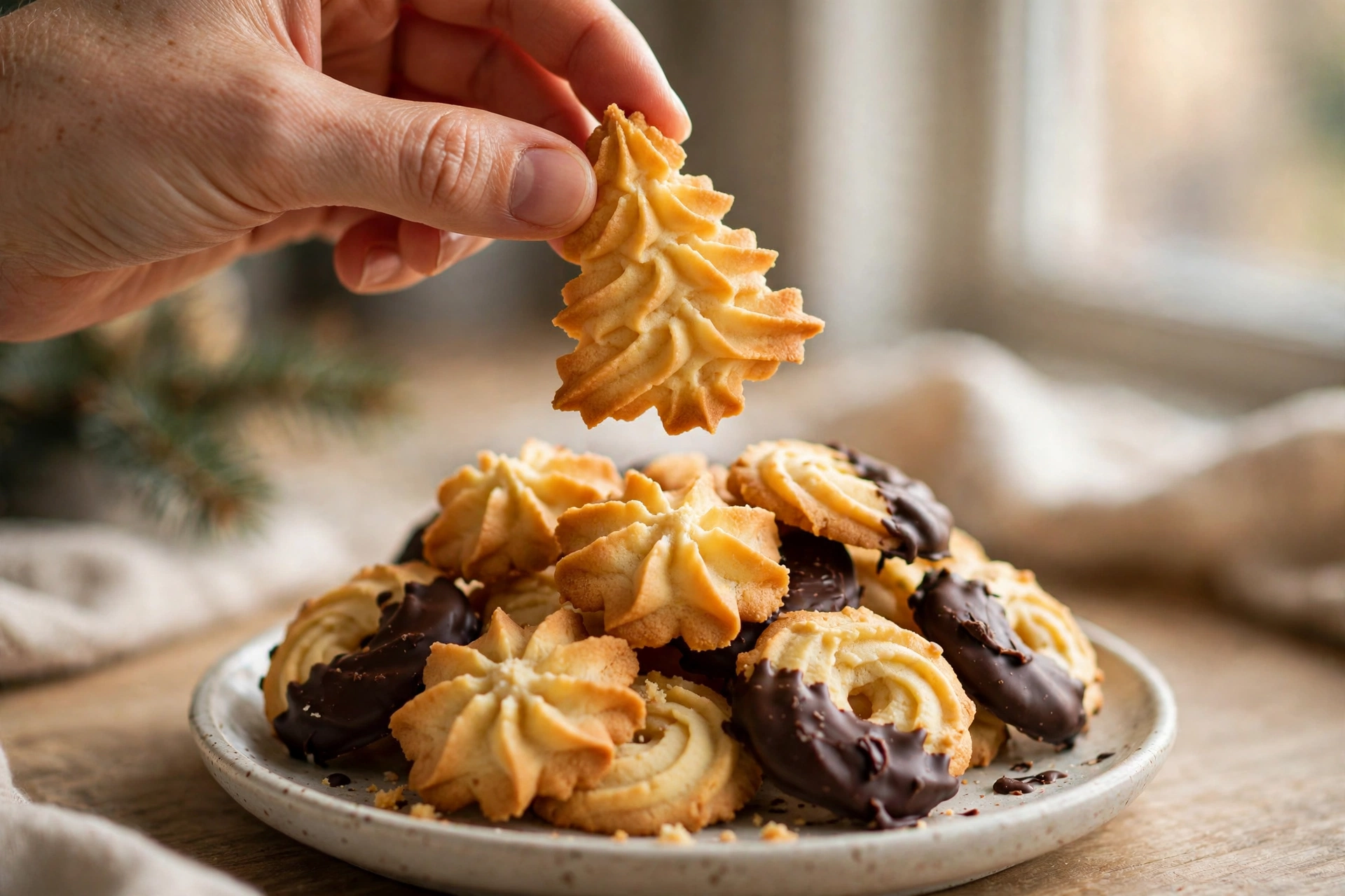 Hand holding a golden Christmas tree spritz cookie above a small plate of assorted pressed spritz cookies, some dipped in dark chocolate