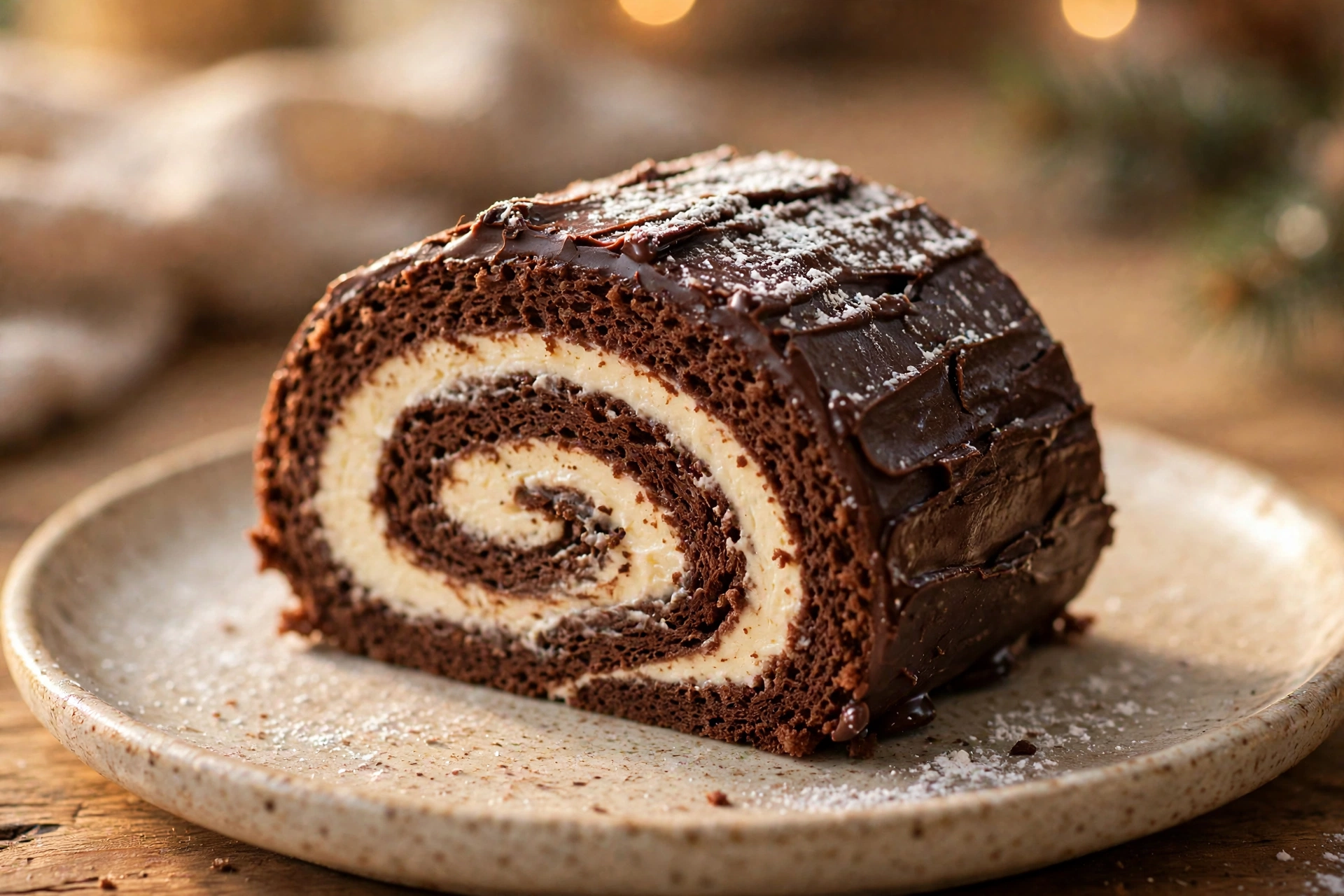 Slice of chocolate yule log cake showing the chocolate sponge and mascarpone cream spiral