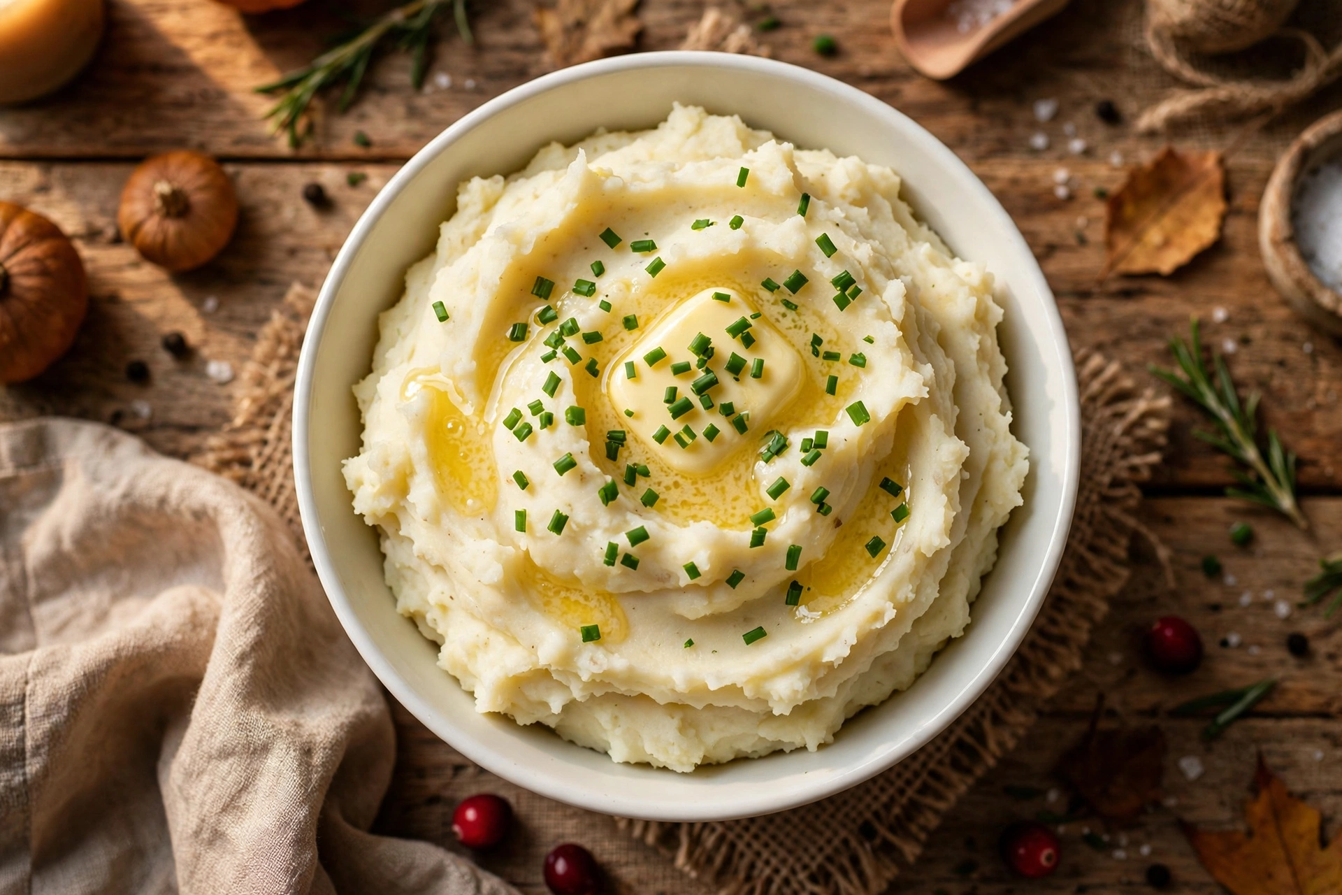 Creamy slow cooker mashed potatoes in a white bowl topped with melted butter and fresh chives
