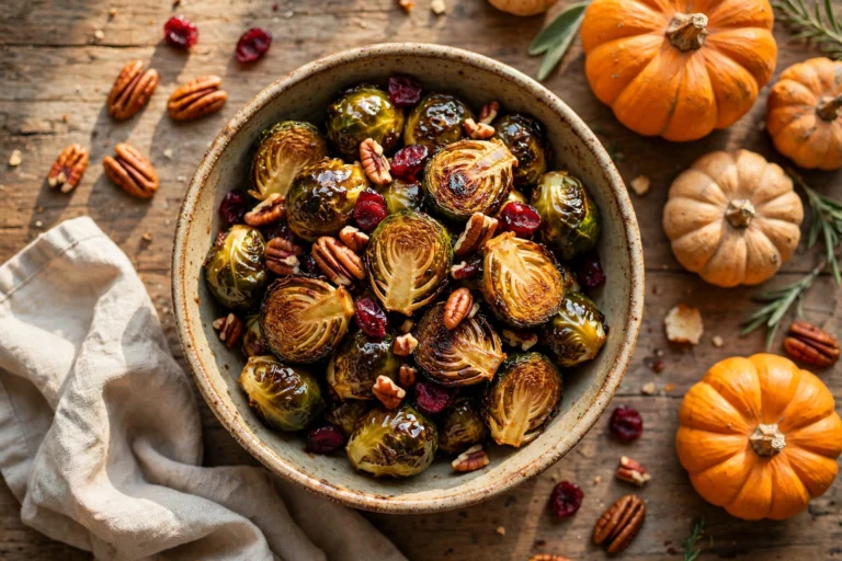 Overhead view of a rustic bowl of roasted Brussels sprouts with deeply caramelized golden cut sides, glossy maple glaze, toasted pecans and dried cranberries, Thanksgiving table around