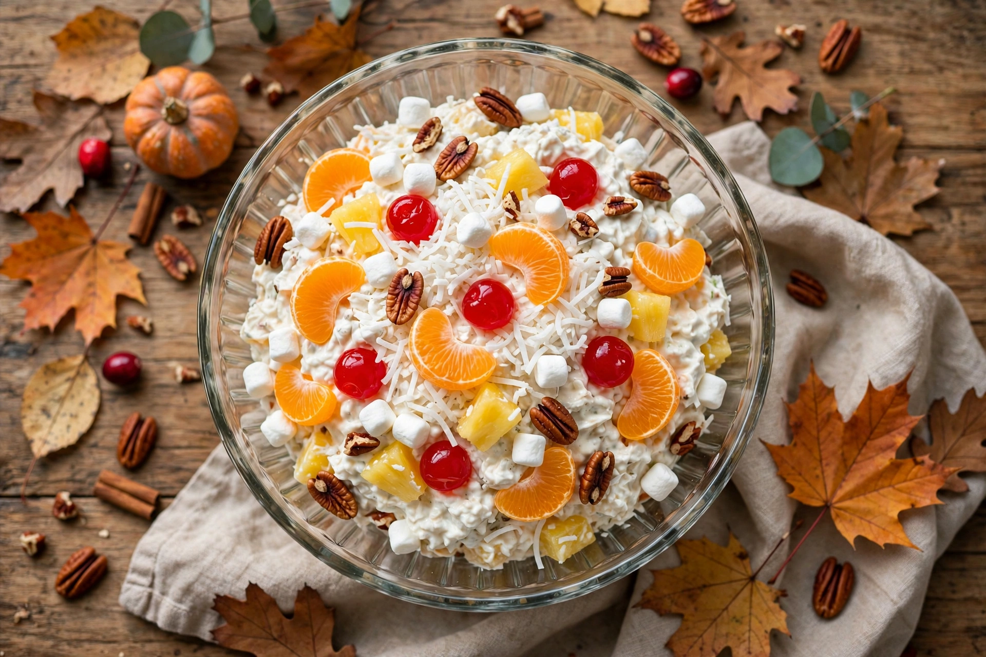 Overhead view of a classic ambrosia salad in a clear glass bowl with mandarin orange segments, pineapple chunks, mini marshmallows, shredded coconut, maraschino cherries and toasted pecans, autumn leaves around it