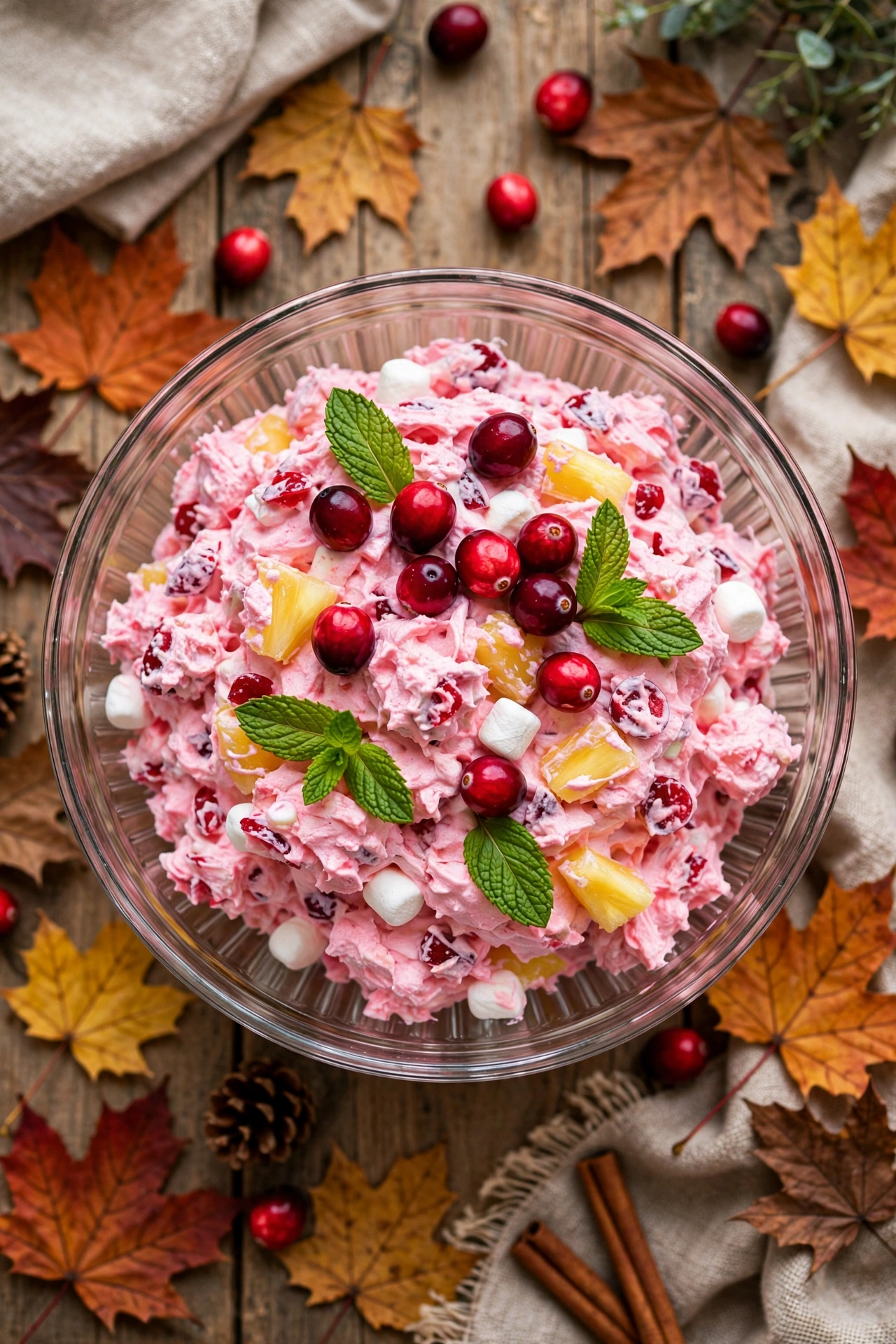 Overhead view of a cranberry fluff salad in a clear glass bowl, bright pink whipped cream with chopped cranberries, crushed pineapple and mini marshmallows, whole cranberries and mint on top, autumn leaves around it