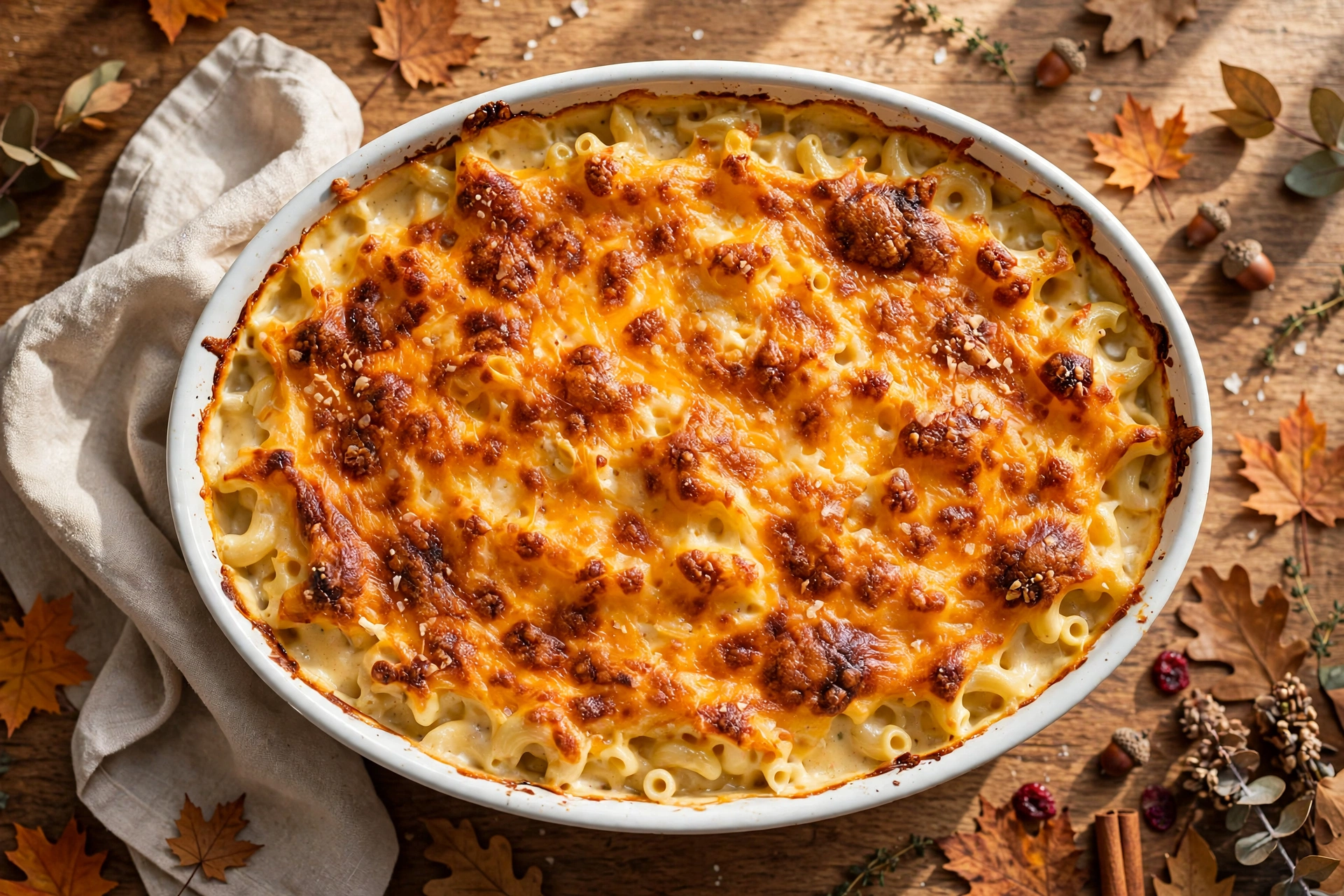Overhead view of baked mac and cheese in a white oval baking dish, deeply golden bubbling three cheese top with crisp browned spots, on a wooden Thanksgiving table with autumn leaves and a linen napkin