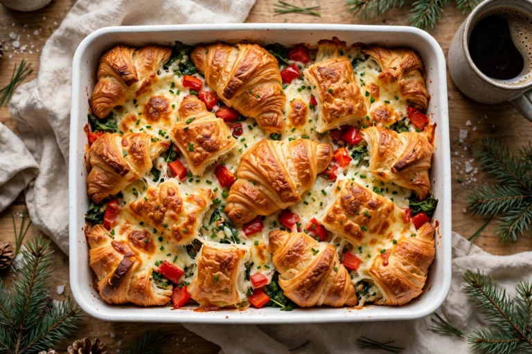 Overhead view of a croissant breakfast bake in a white baking dish, golden crisp croissant tops with red peppers and spinach showing between the layers, on a Christmas morning table with linen and coffee