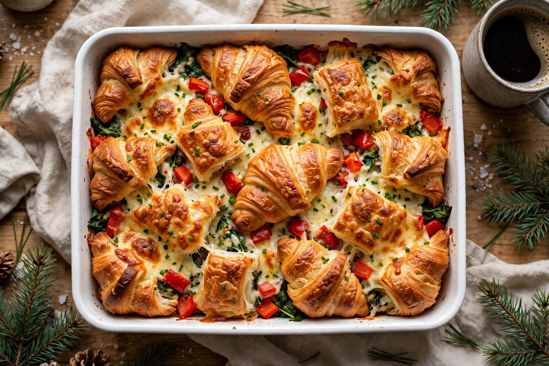 Overhead view of a croissant breakfast bake in a white baking dish, golden crisp croissant tops with red peppers and spinach showing between the layers, on a Christmas morning table with linen and coffee