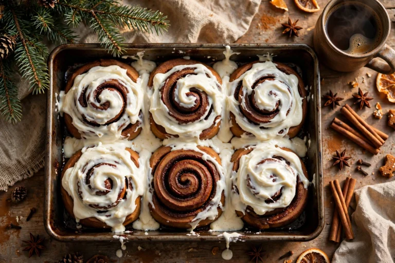 Overhead view of gingerbread cinnamon rolls in a baking pan, dark spiced spirals covered with thick white cream cheese frosting, beside a Christmas tree branch and a cup of coffee
