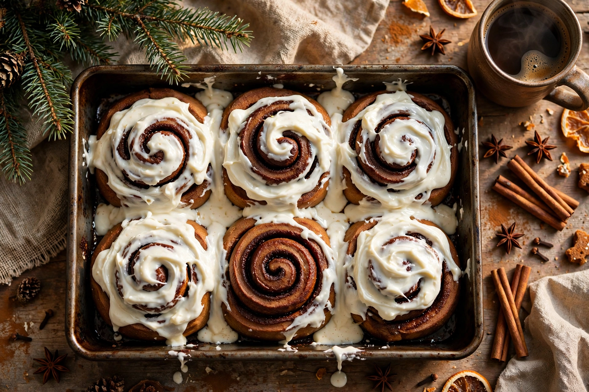 Overhead view of gingerbread cinnamon rolls in a baking pan, dark spiced spirals covered with thick white cream cheese frosting, beside a Christmas tree branch and a cup of coffee
