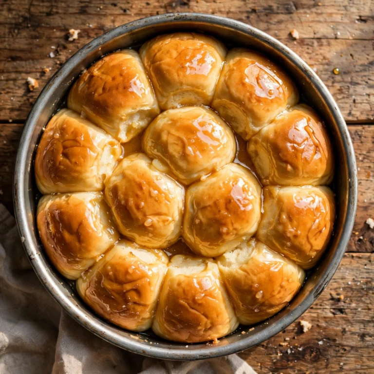 Honey butter dinner rolls with golden tops brushed with honey butter on a Thanksgiving table