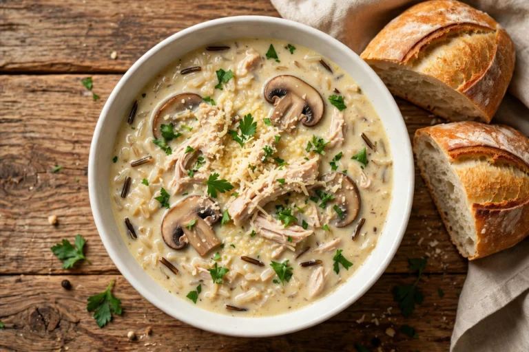 Turkey wild rice soup in a white bowl with creamy broth, mushrooms and fresh herbs