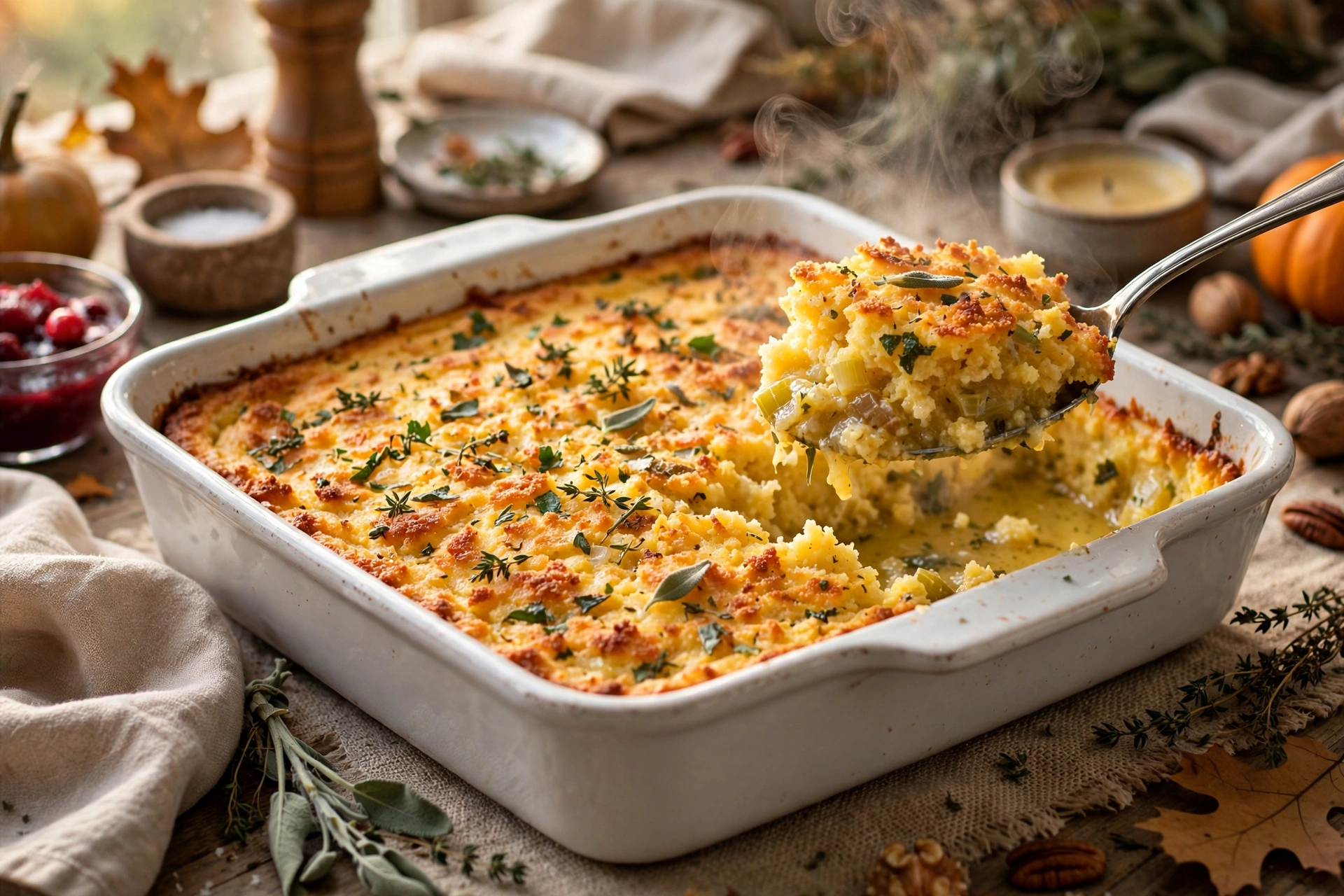 Southern cornbread dressing in a baking dish with a golden crispy top and fresh sage