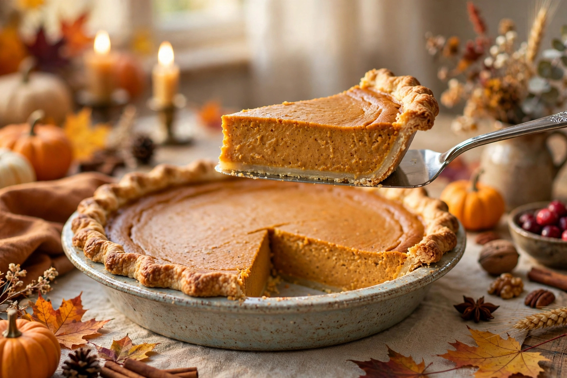 Classic pumpkin pie in a ceramic dish with a slice lifted on a pie server showing the silky spiced filling and flaky golden crust