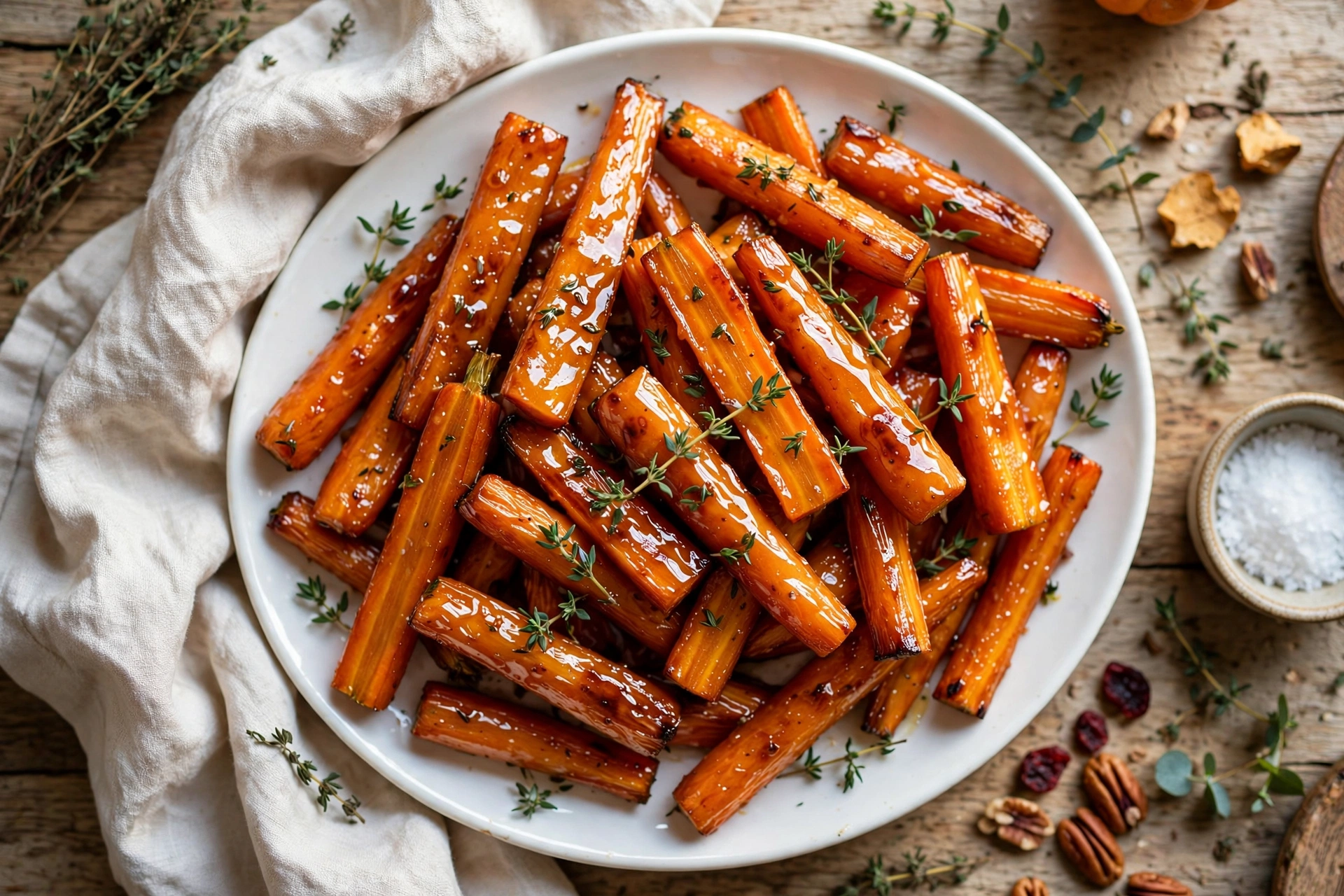 Overhead view of honey glazed roasted carrots with caramelized edges and fresh thyme on a white platter
