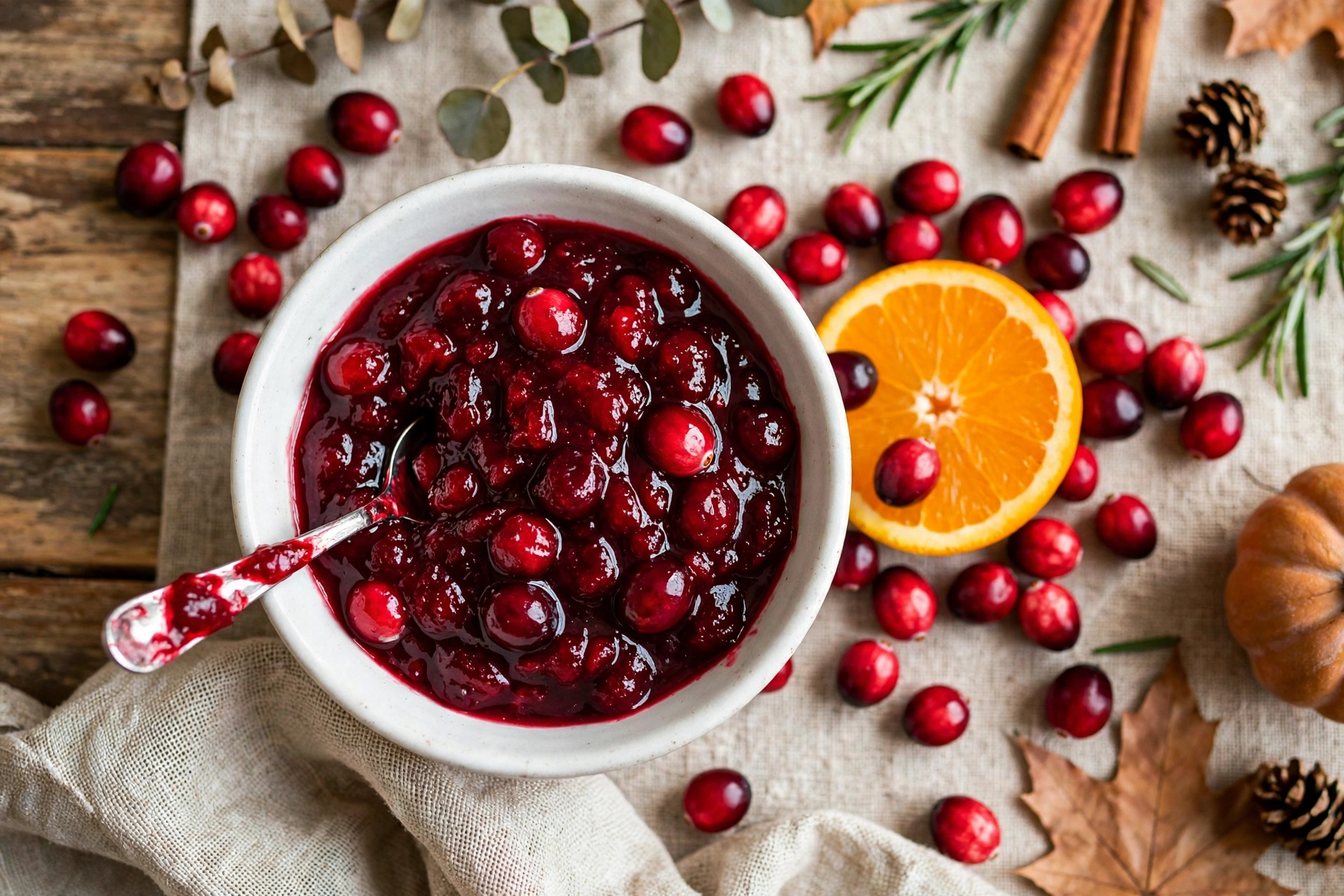 Overhead view of homemade cranberry sauce in a white bowl with whole cranberries, fresh cranberries and an orange slice around it