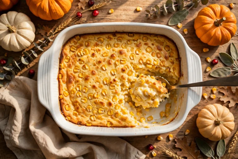 Overhead view of creamy baked corn pudding in a white casserole dish with a spoon scooping a golden custardy portion, pumpkins around