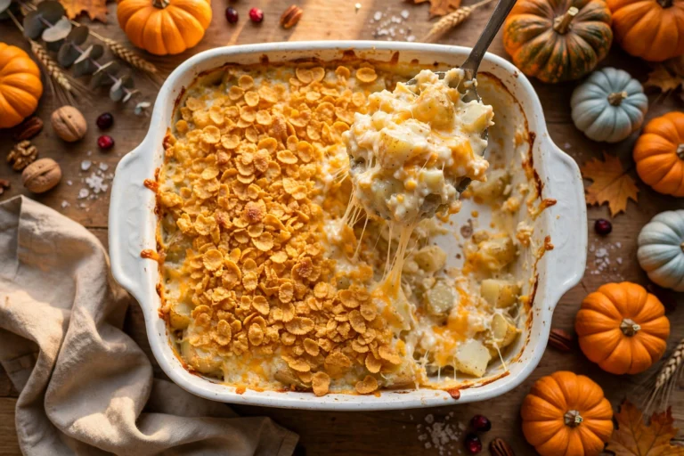 Overhead view of a white casserole dish of funeral potatoes with a golden buttered cornflake topping, a serving spoon lifting a creamy cheesy scoop, small pumpkins around