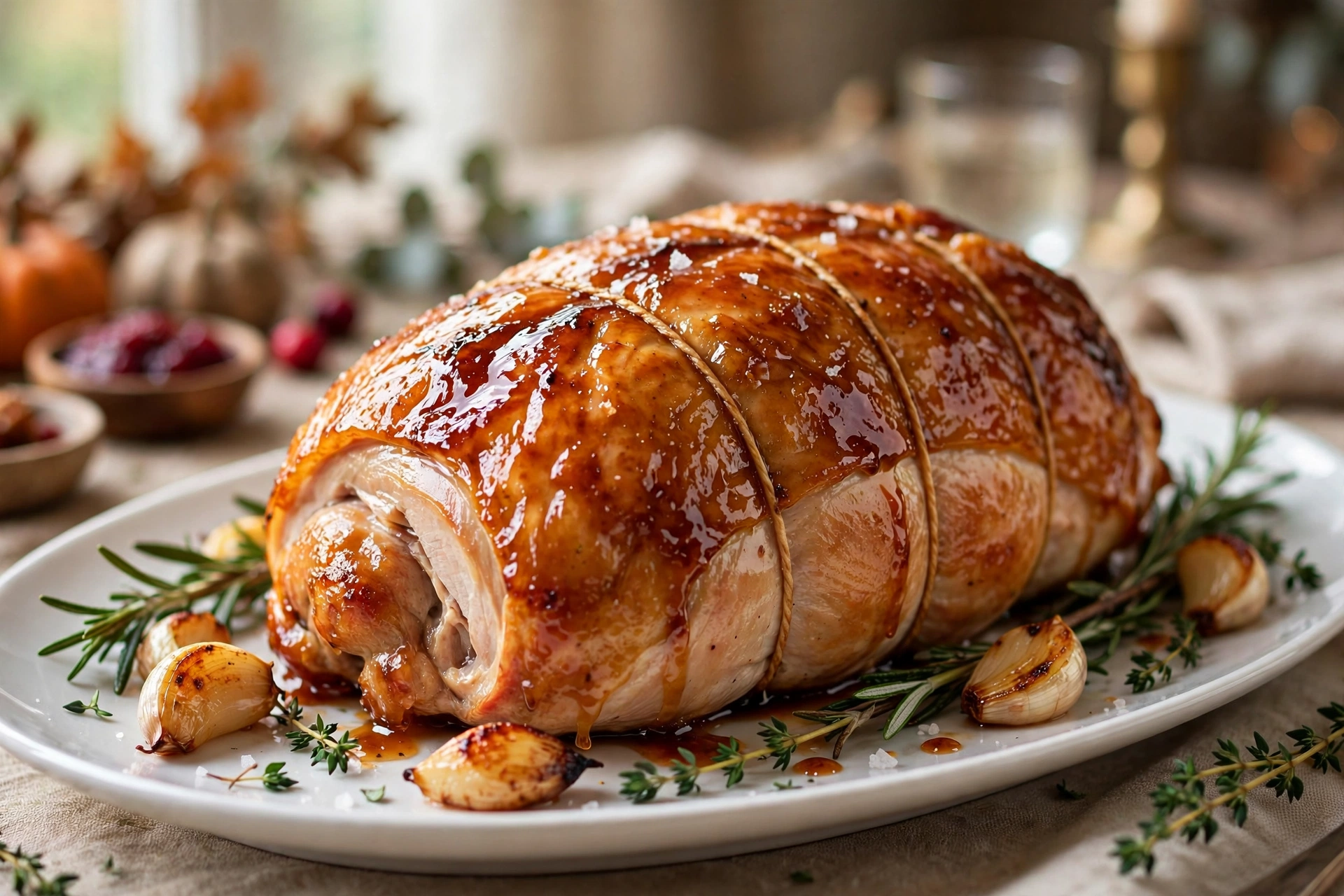 Whole maple glazed roast turkey breast with glossy golden skin on a white platter with fresh thyme and rosemary