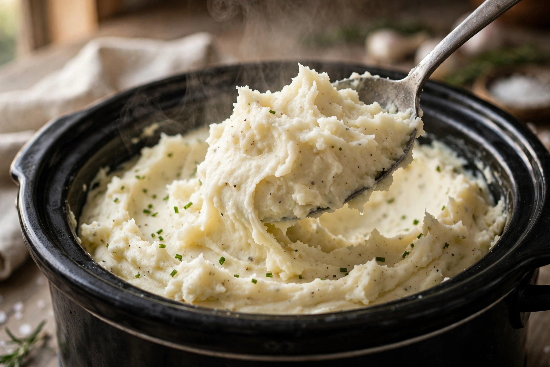 Close-up of fluffy slow cooker mashed potatoes being scooped with a spoon showing creamy texture