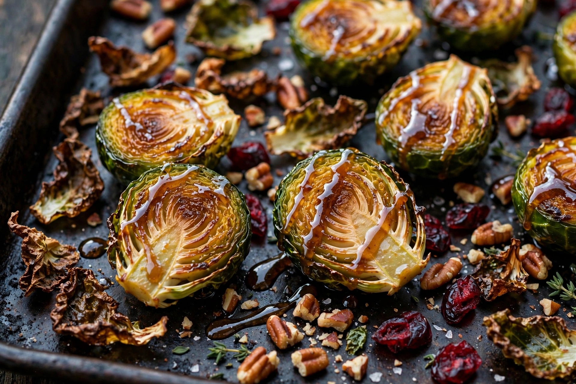 Close-up of roasted Brussels sprout halves on a dark sheet pan, cut sides deeply golden and caramelized with crisp loose leaves, maple glaze glistening, pecans and cranberries scattered