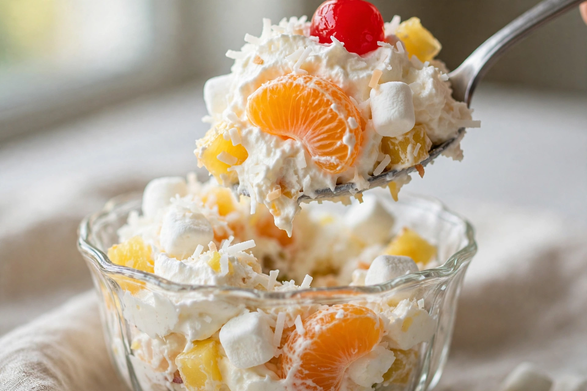 Close-up of a spoon lifting a scoop of ambrosia salad from a glass dessert cup, whipped cream coating with mandarin orange, pineapple, mini marshmallows, coconut and a maraschino cherry