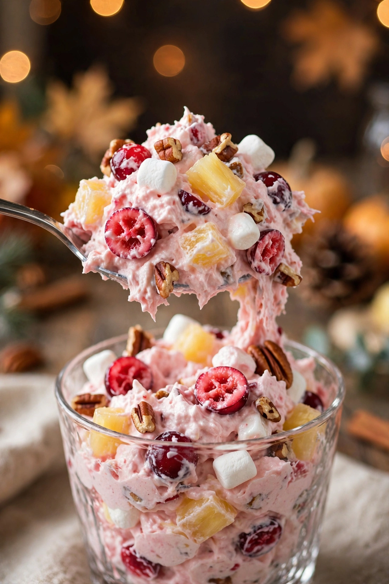 Close-up of a spoon lifting a fluffy scoop of cranberry fluff salad from a glass dessert cup, pink cream with cranberry pieces, pineapple, mini marshmallows and toasted pecans
