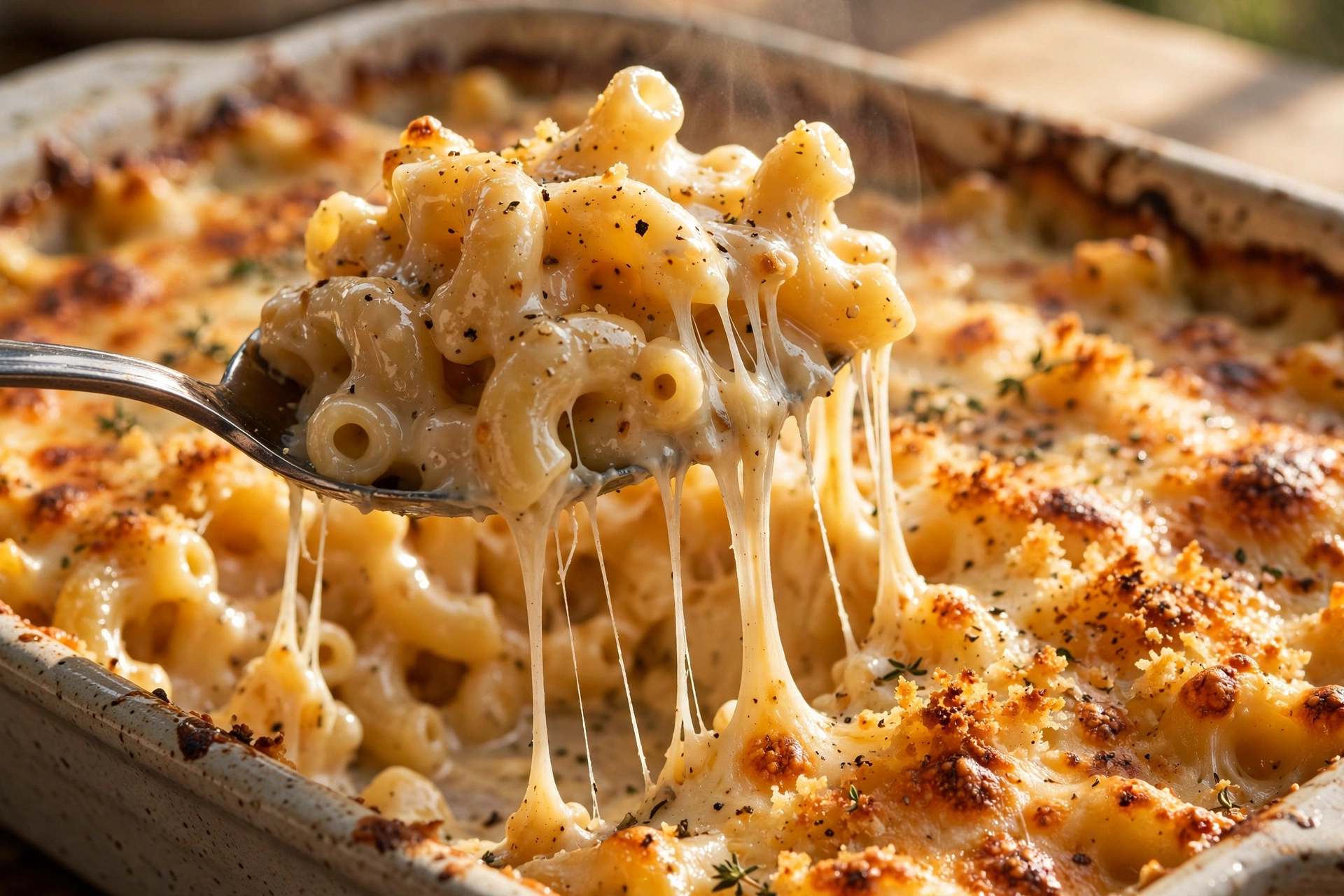 Close-up of a spoon lifting baked mac and cheese with long cheese pulls, glossy elbow macaroni in a creamy custard sauce and a bronzed cheesy top in the background