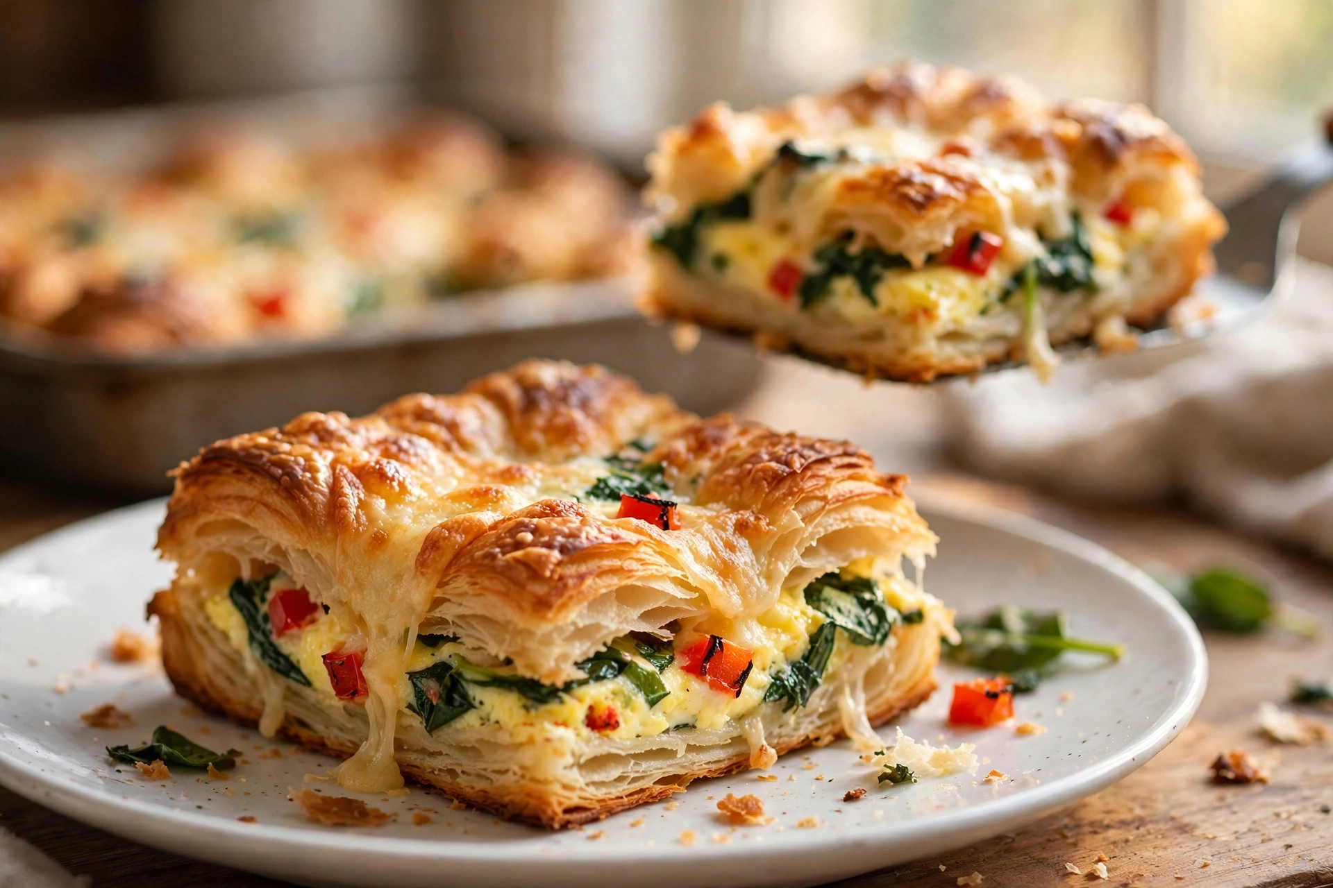 Close-up of a served square of croissant breakfast bake on a plate, showing distinct layers of croissant, set egg custard and melted Gruyere, with chives on top