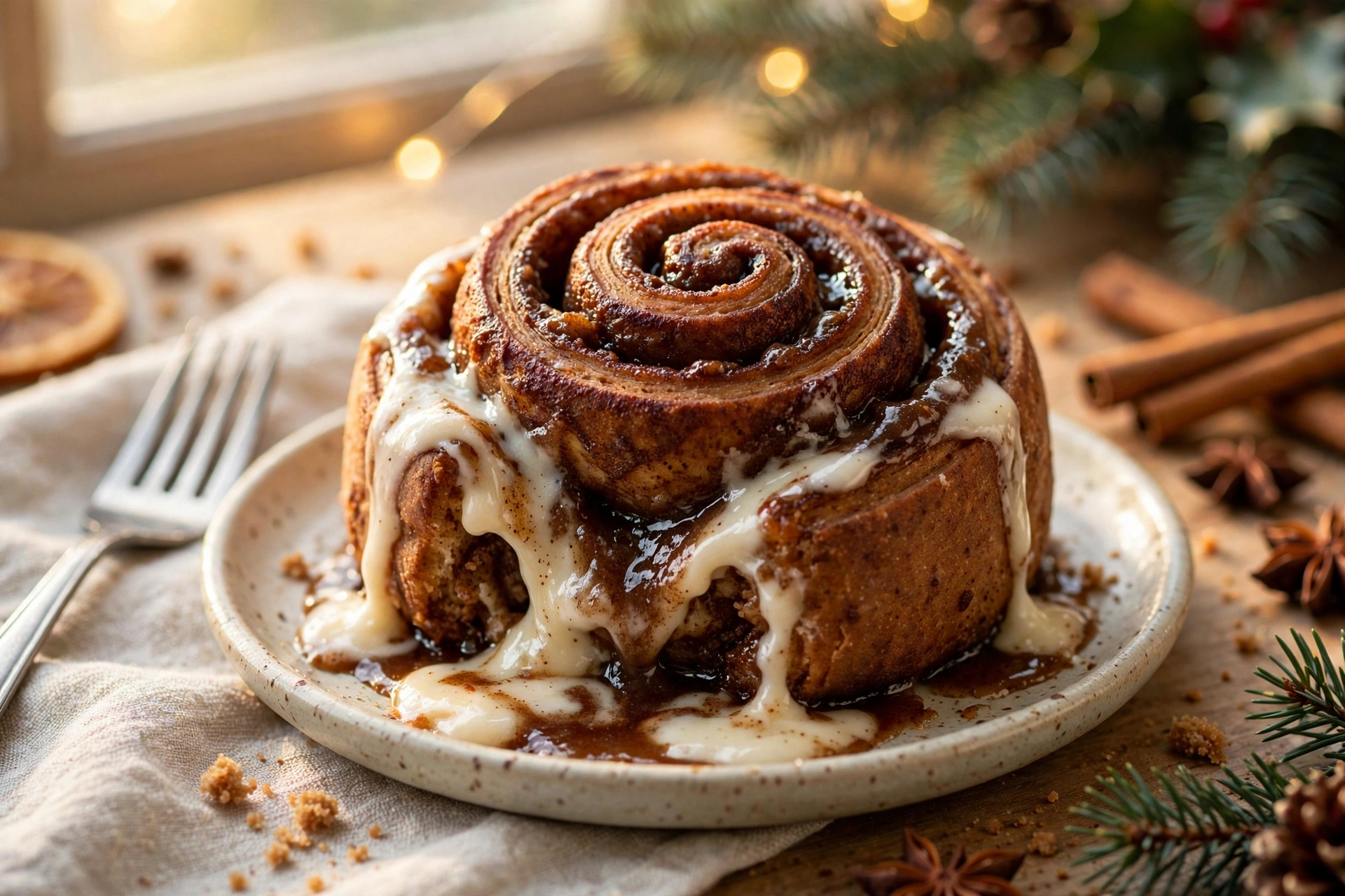Close-up of one gingerbread cinnamon roll on a small plate, showing the tight spiced spiral and frosting melting into the layers, with a fork beside it