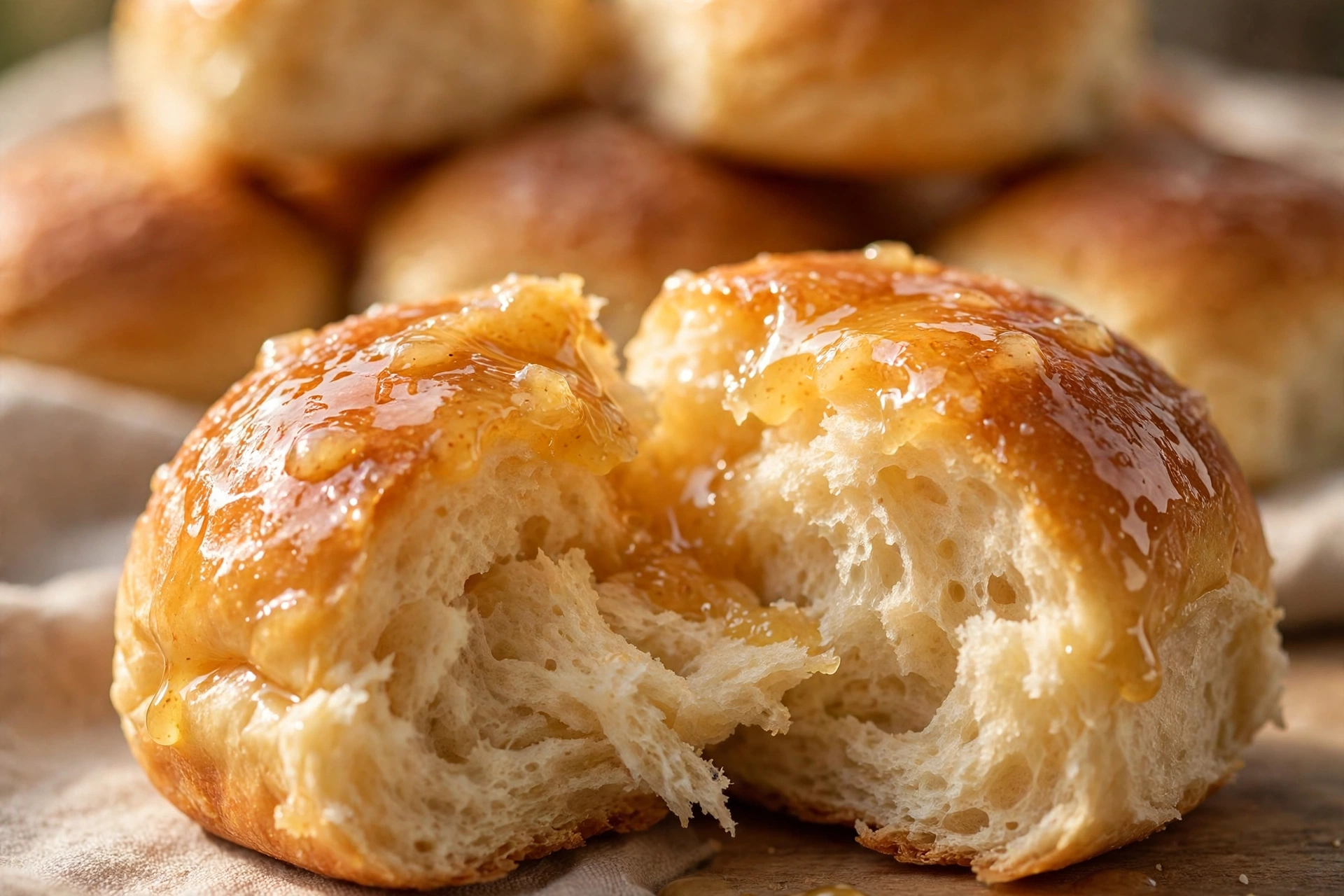 Close-up of a torn honey butter dinner roll showing the soft pillowy crumb of these honey butter dinner rolls