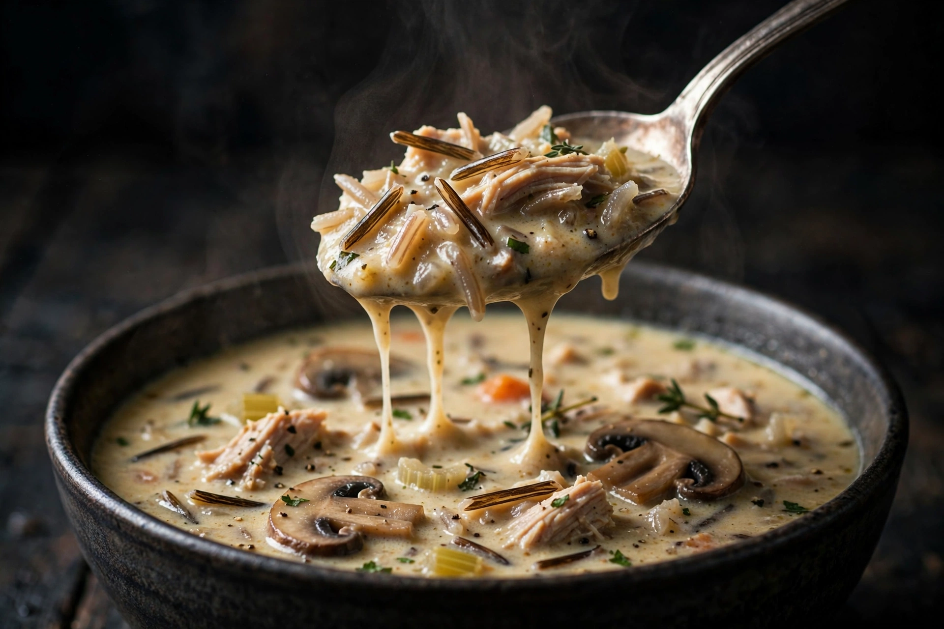 Close-up spoonful of turkey wild rice soup showing tender wild rice grains and shredded turkey