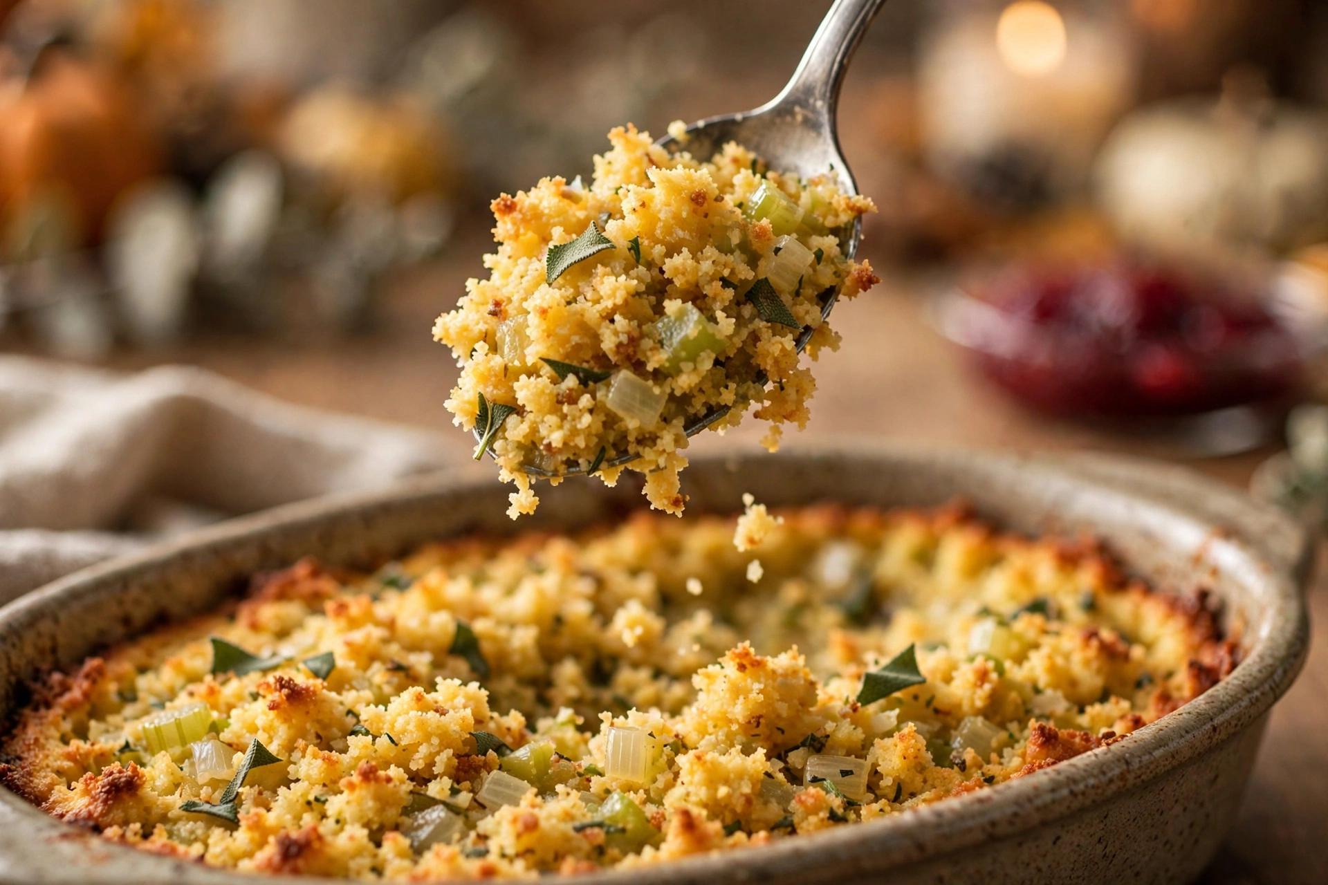 Spoonful of southern cornbread dressing showing the moist custardy center