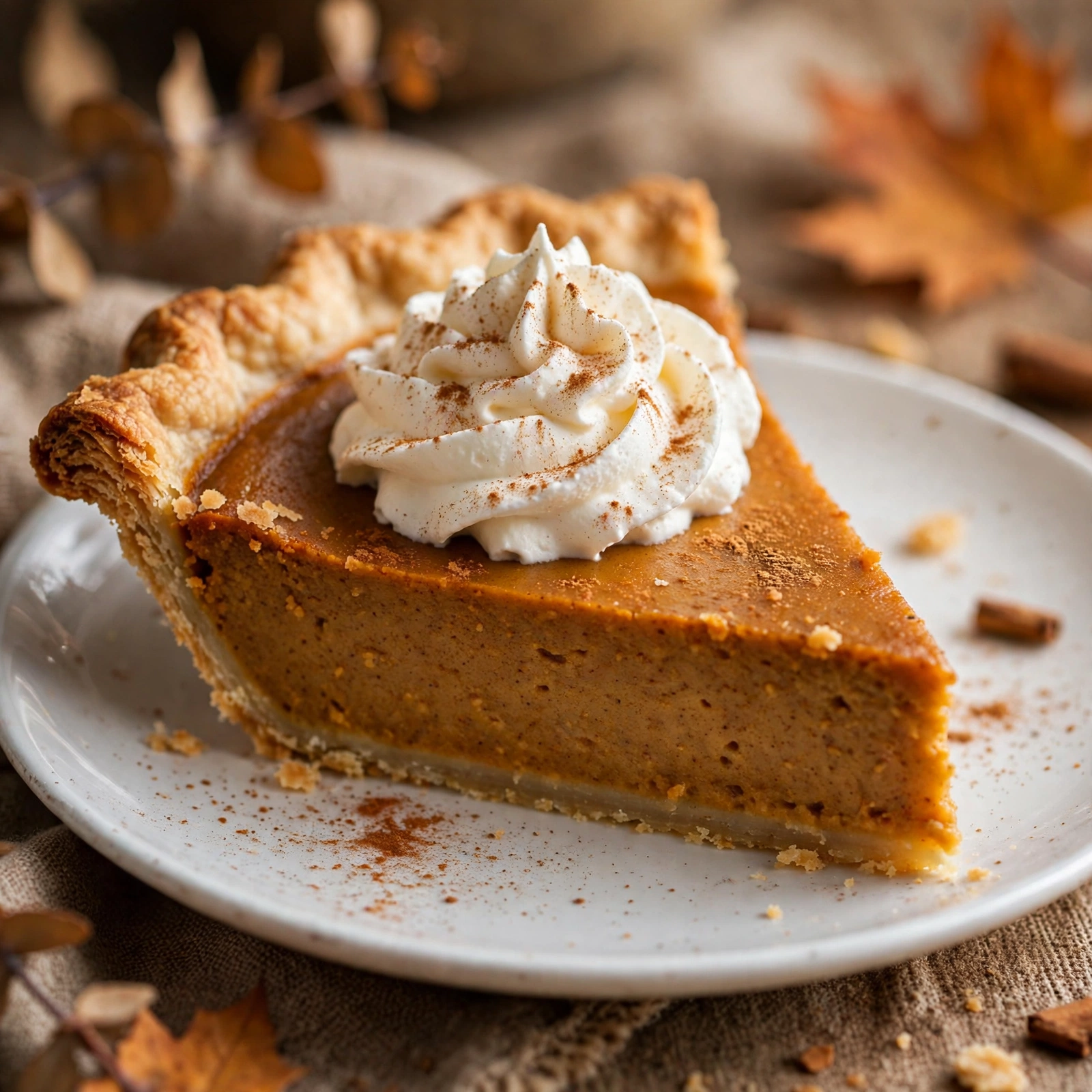 Close-up of a slice of classic pumpkin pie topped with whipped cream and cinnamon on a white plate