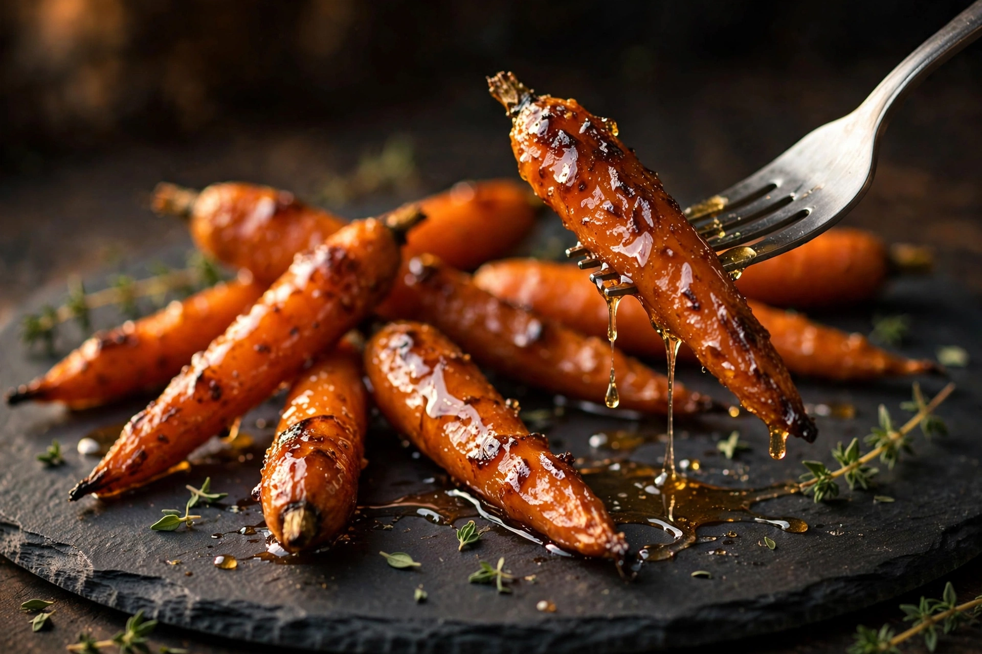 Close-up of a honey glazed roasted carrot lifted on a fork with honey dripping, thyme leaves on dark slate