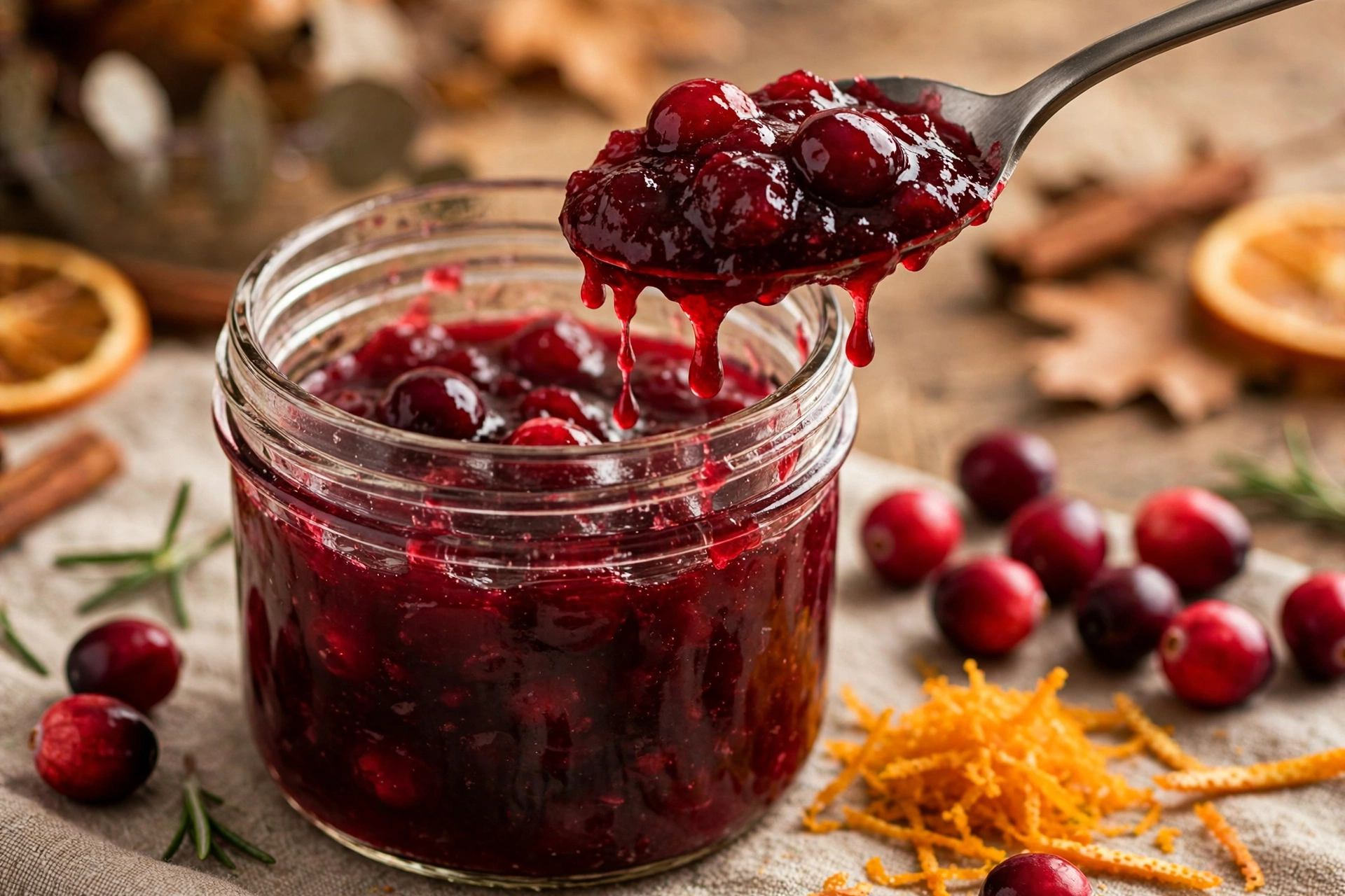 Spoon lifting glossy homemade cranberry sauce from a glass jar with fresh cranberries and orange zest beside it