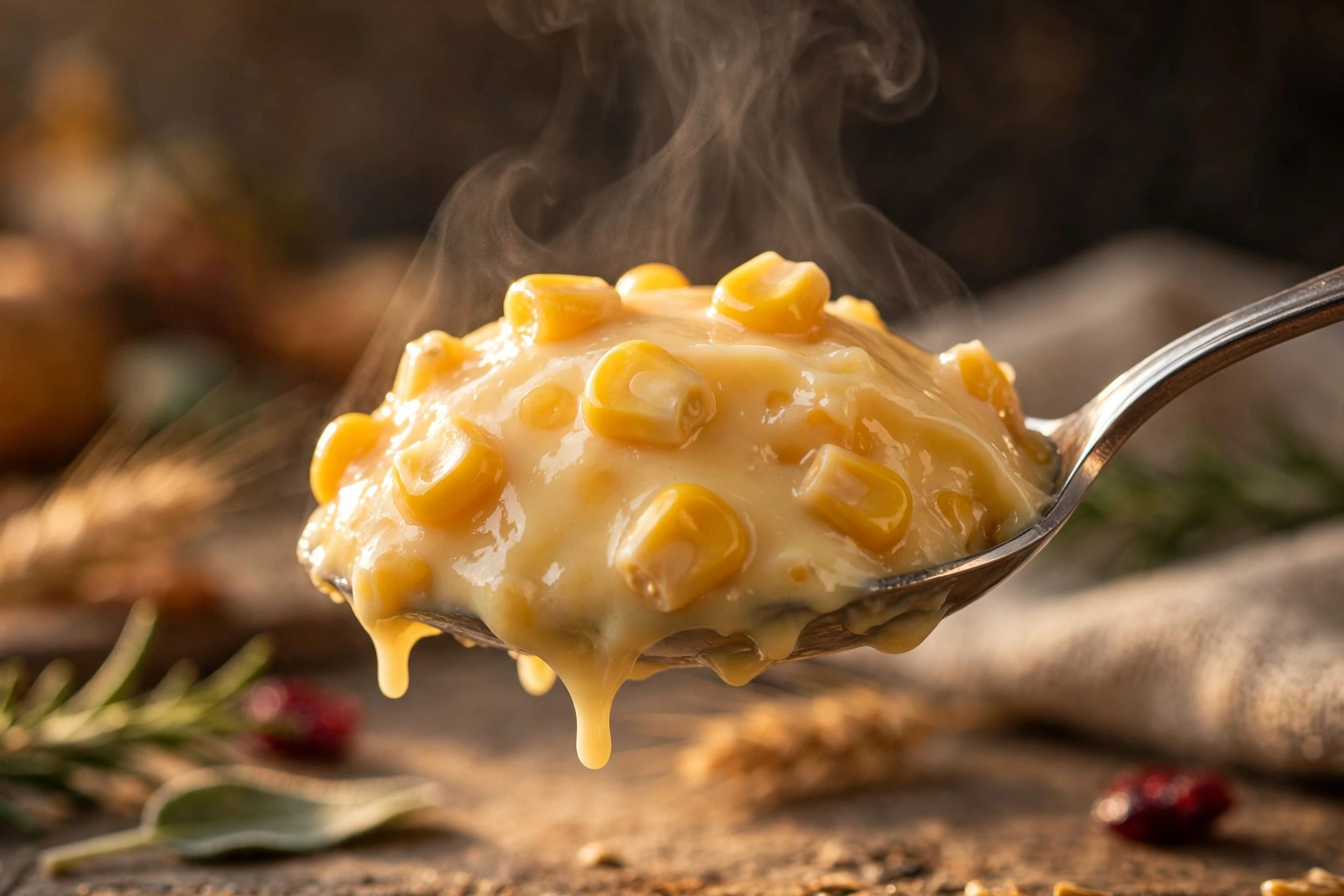Close-up of a spoon lifting silky corn pudding with whole kernels and gentle steam, showing the soft custard texture