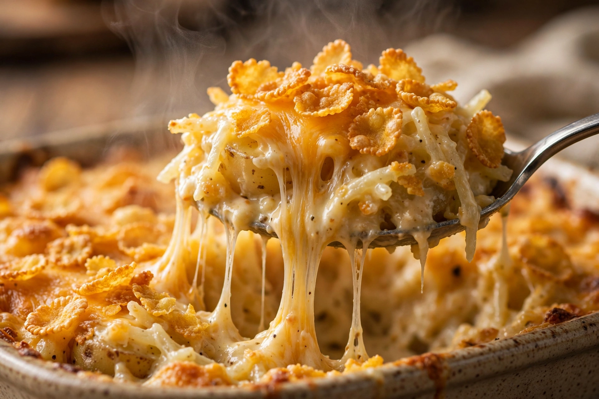 Close-up of a spoon lifting funeral potatoes with a long melted cheddar cheese pull, crispy cornflakes on top and gentle steam rising
